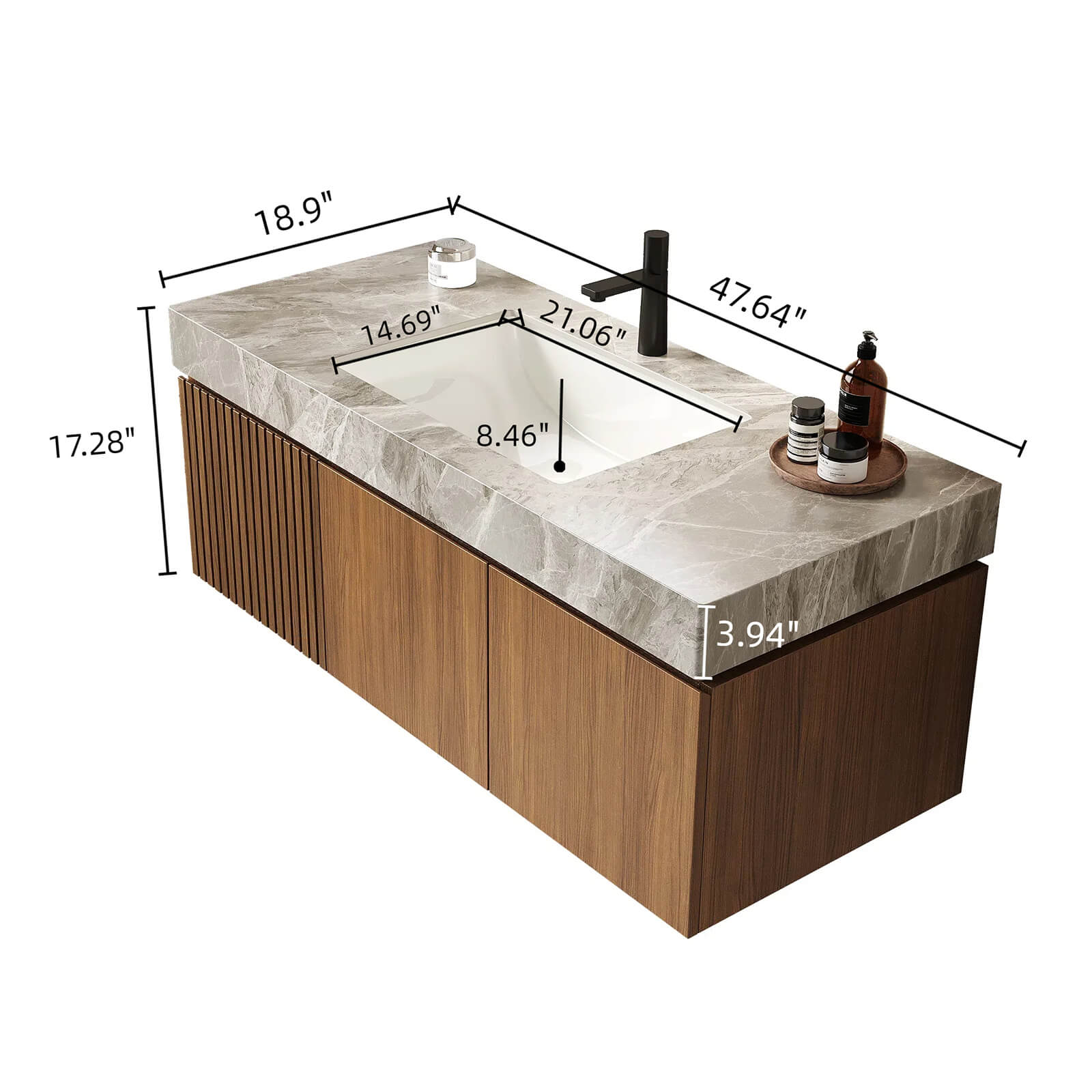 48" Brown Oak Floating Bathroom Vanity with Light Gray Stone Top - Image 6