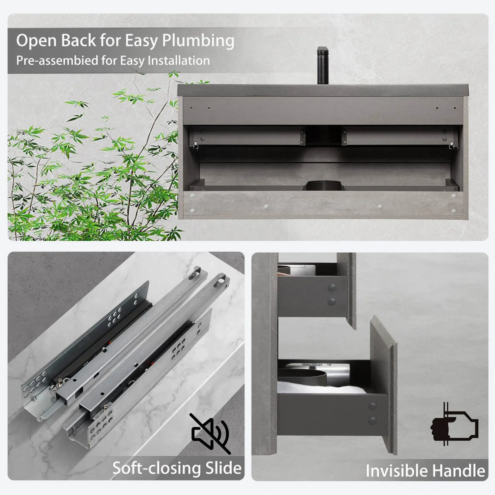 48" Cement Gray Floating Bathroom Vanity - Image 9