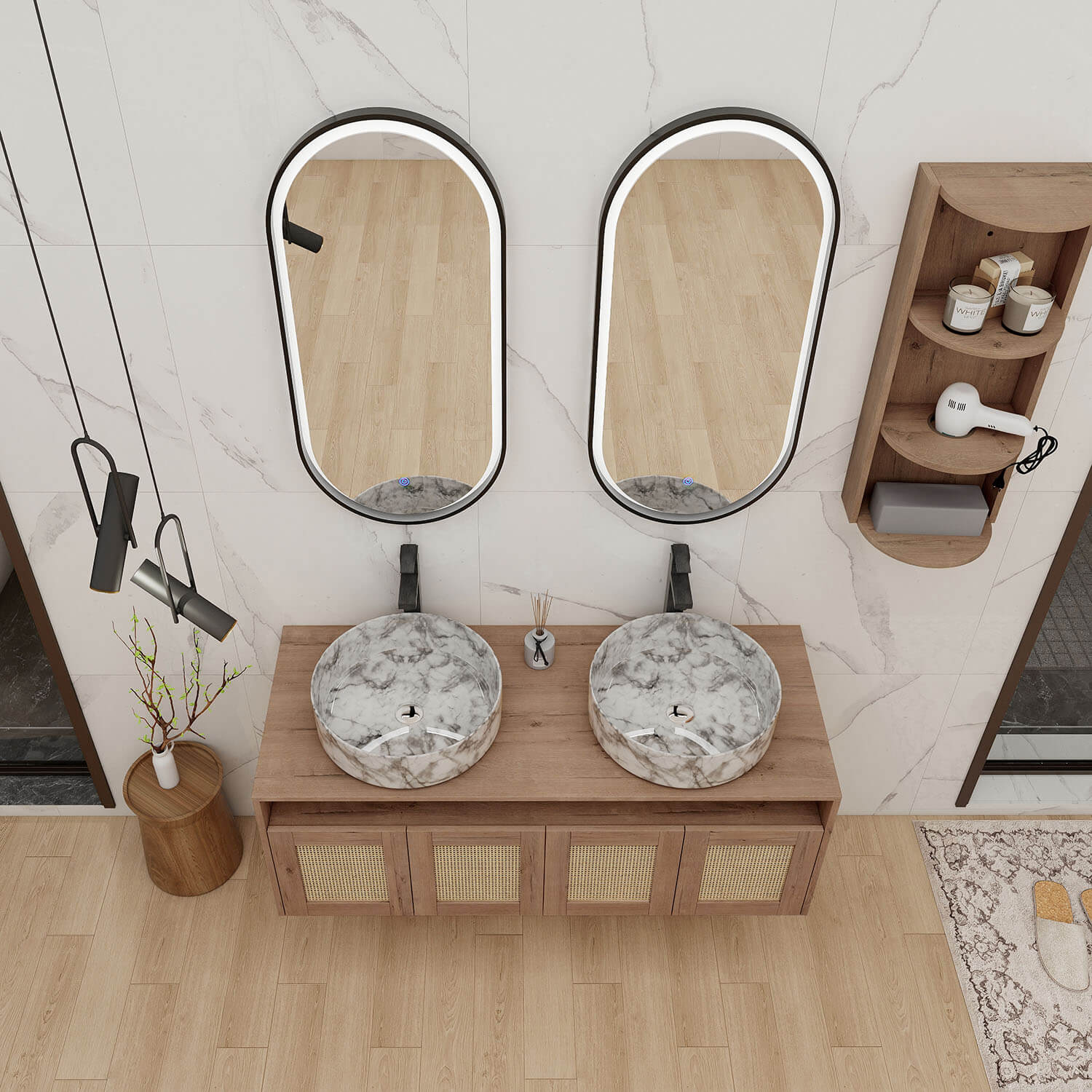 48" Floating Vanity with Marble-Veined Ceramic Sink and 12" Wall Storage Cabinet - Image 3