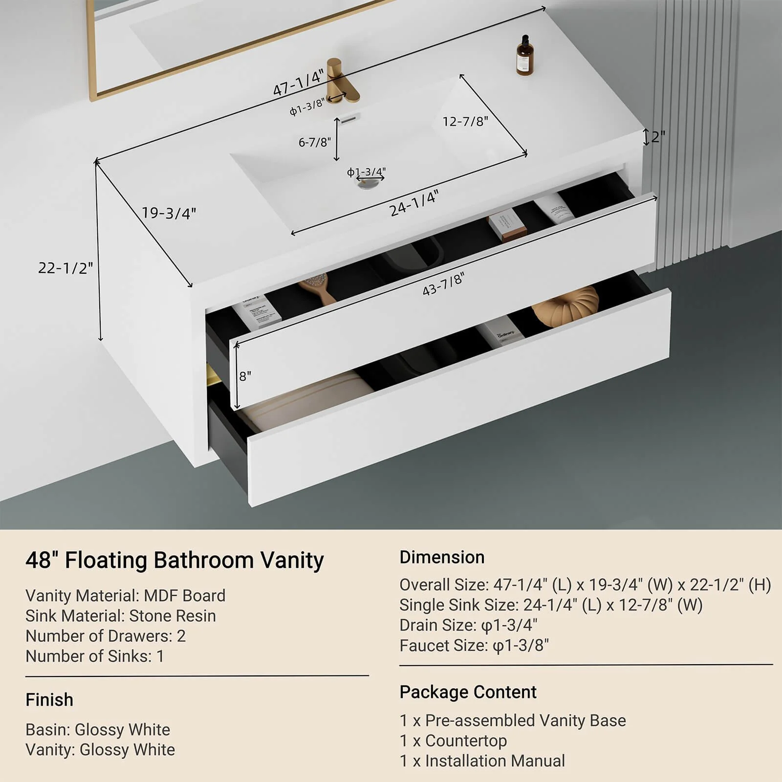 48" Modern Floating Single-Sink Vanity with Gold Accents - Image 8