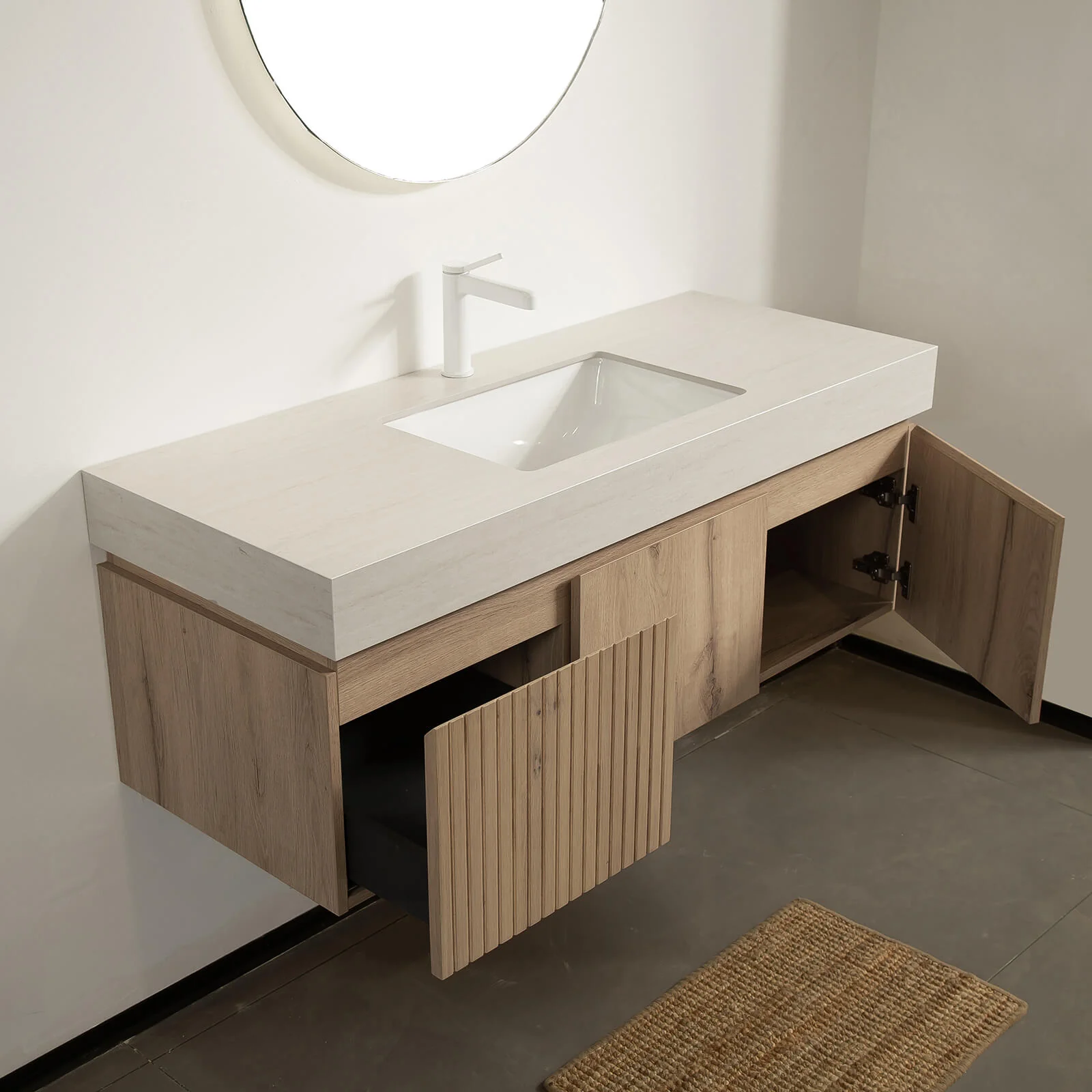 48" White Oak Floating Vanity with Roman Travertine Stone Top - Image 4