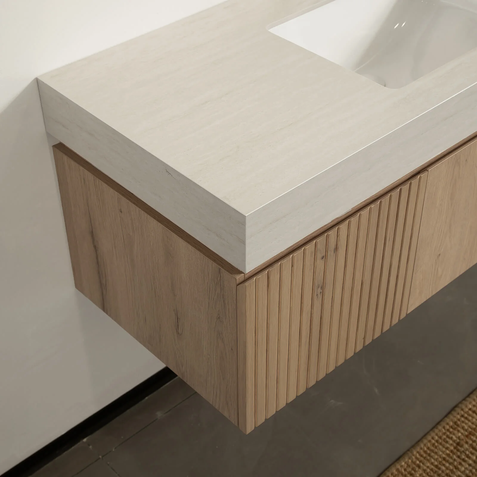 48" White Oak Floating Vanity with Roman Travertine Stone Top - Image 5