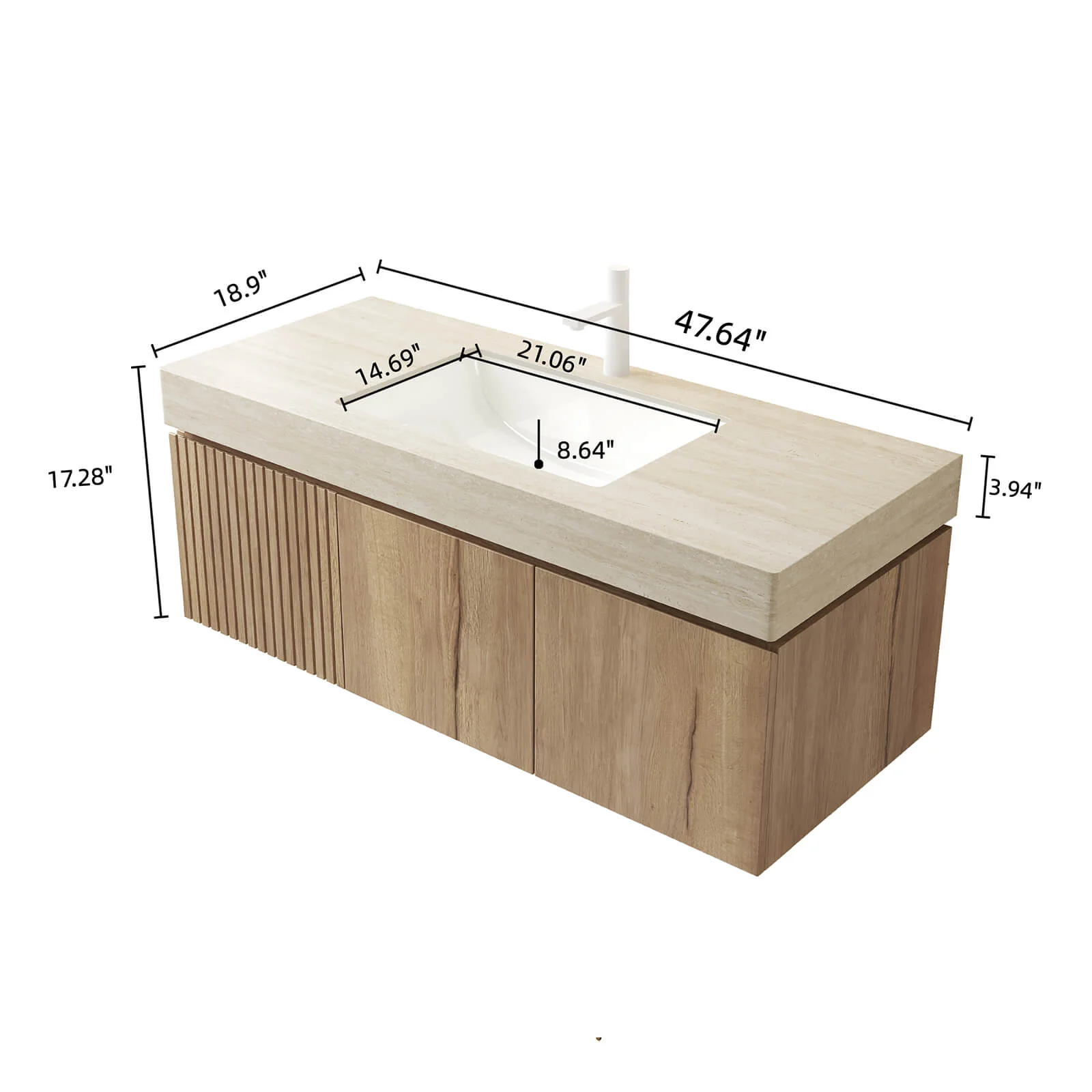 48" White Oak Floating Vanity with Roman Travertine Stone Top - Image 8