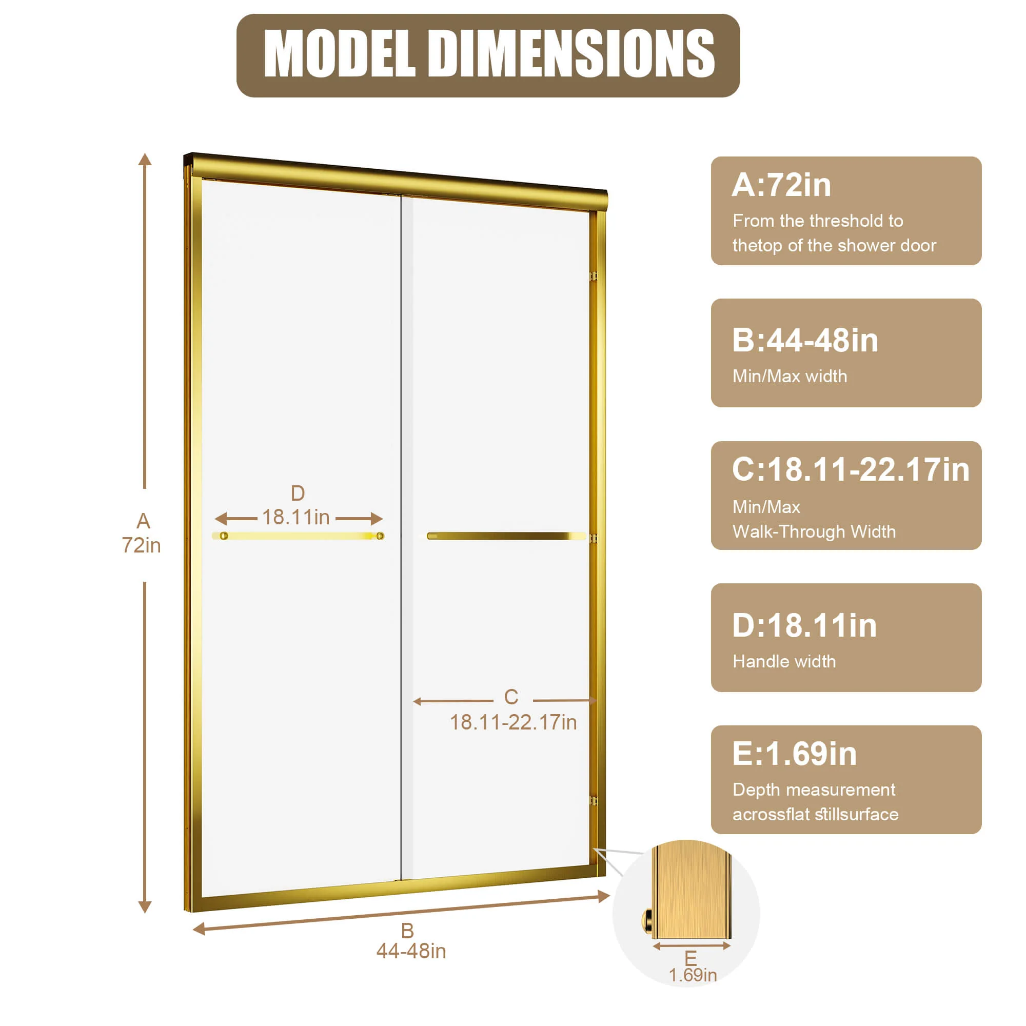 44-48" x 72" Brushed Gold Framed Double Sliding Shower Door with 6mm Shatter-Proof Glass - Image 3