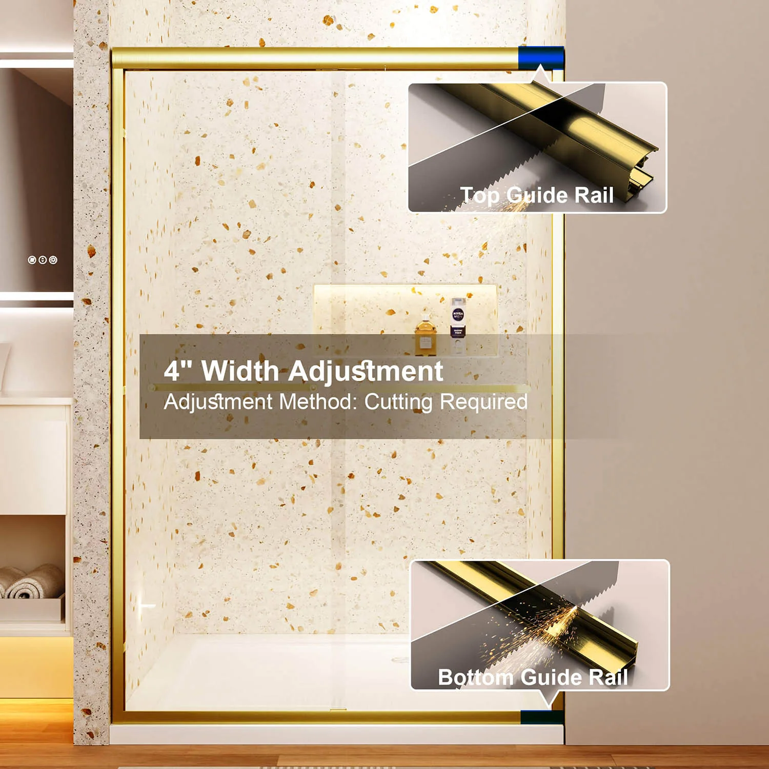 44-48" x 72" Brushed Gold Framed Double Sliding Shower Door with 6mm Shatter-Proof Glass - Image 5
