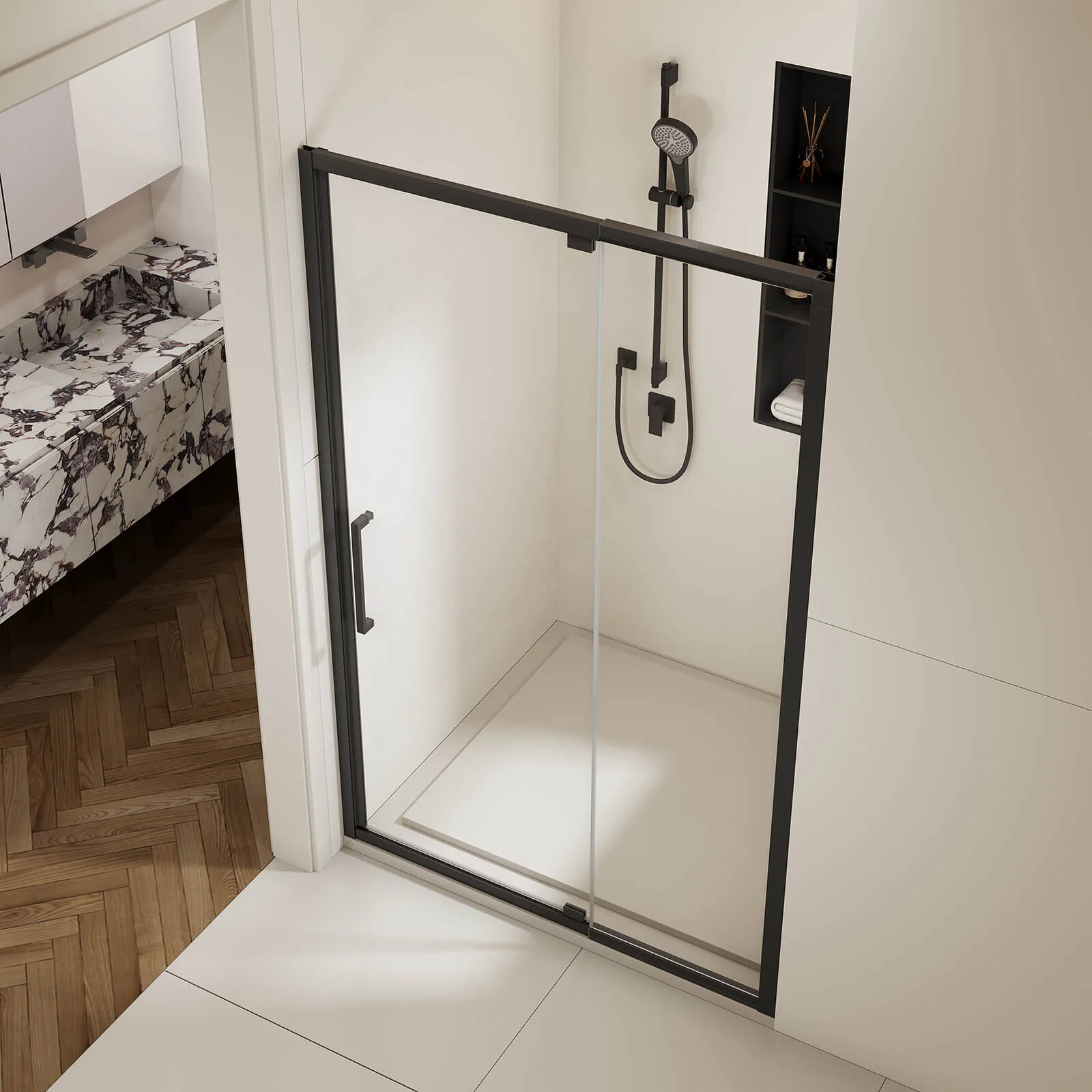 44"-48" x 76" Matte Black Pivot Shower Door with Fixed Glass Panel - Image 3