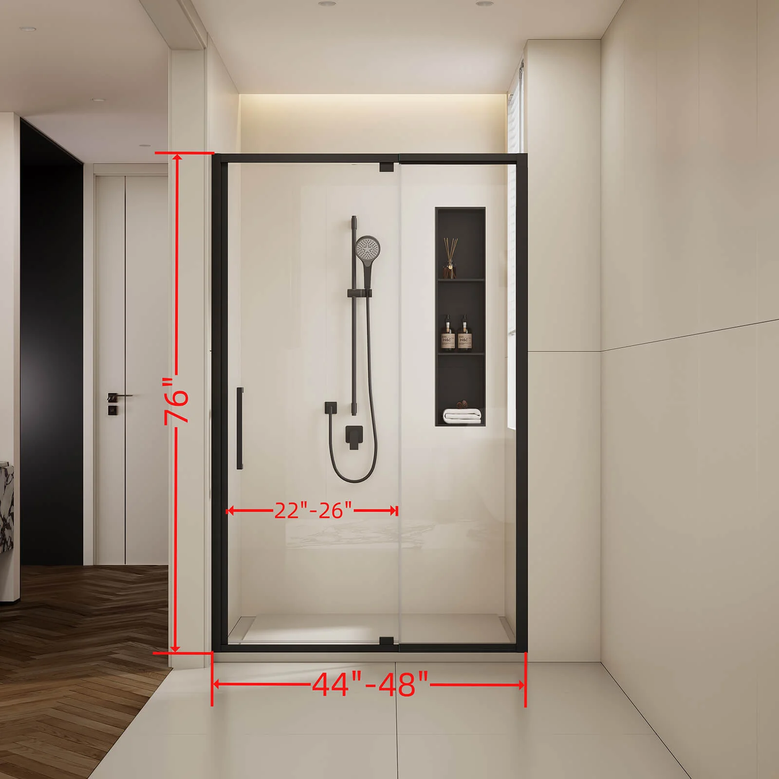 44"-48" x 76" Matte Black Pivot Shower Door with Fixed Glass Panel - Image 8