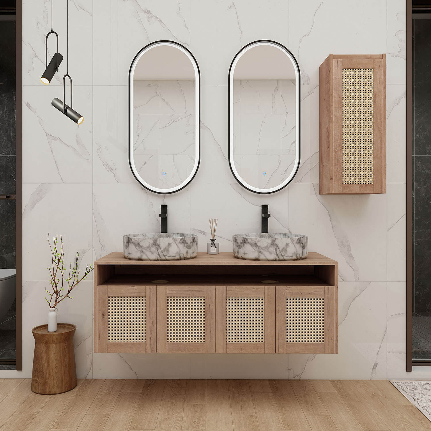 48" Bathroom Vanity with Marble-Veined Ceramic Sink and 12" Wall-Mounted Cabinet