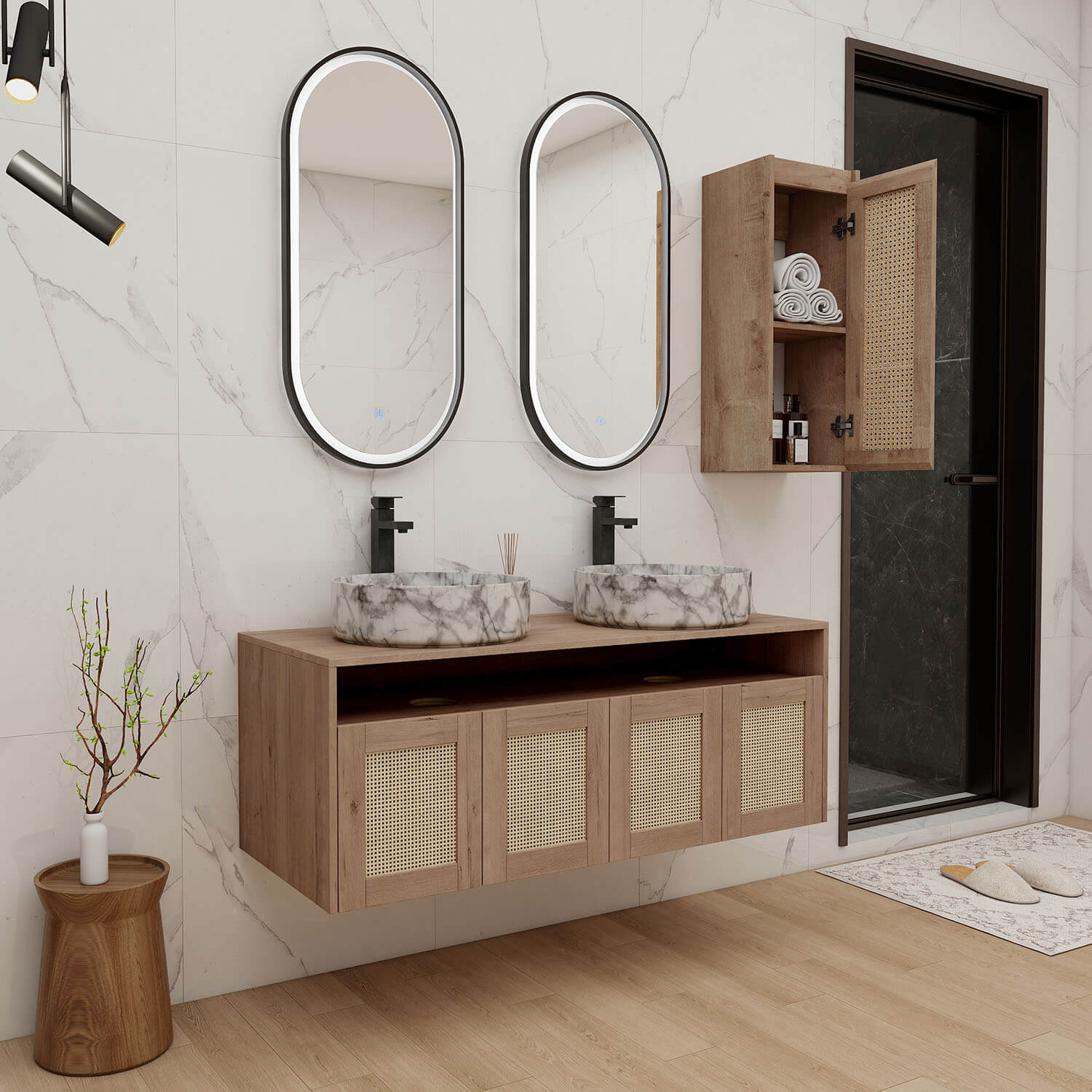 48" Bathroom Vanity with Marble-Veined Ceramic Sink and 12" Wall-Mounted Cabinet - Image 2