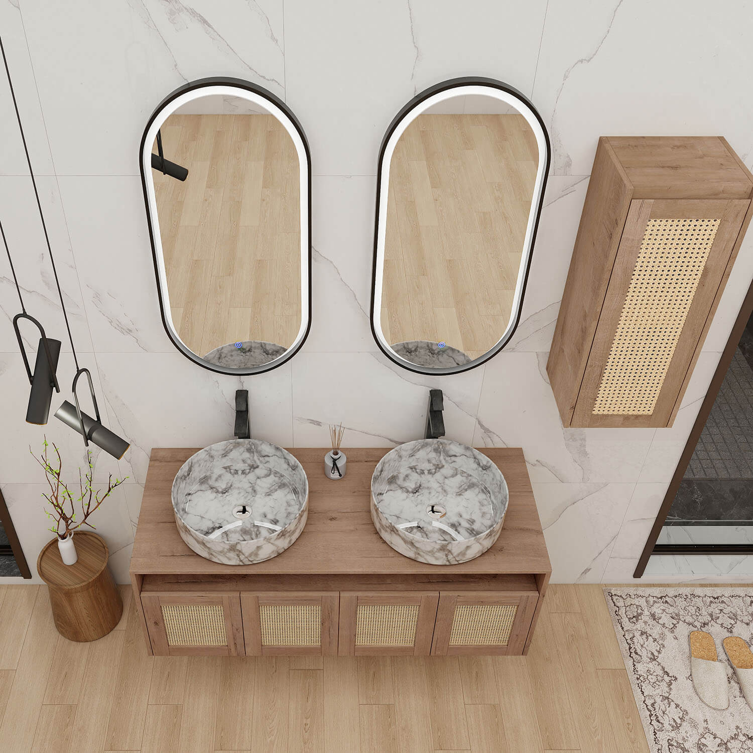 48" Bathroom Vanity with Marble-Veined Ceramic Sink and 12" Wall-Mounted Cabinet - Image 3