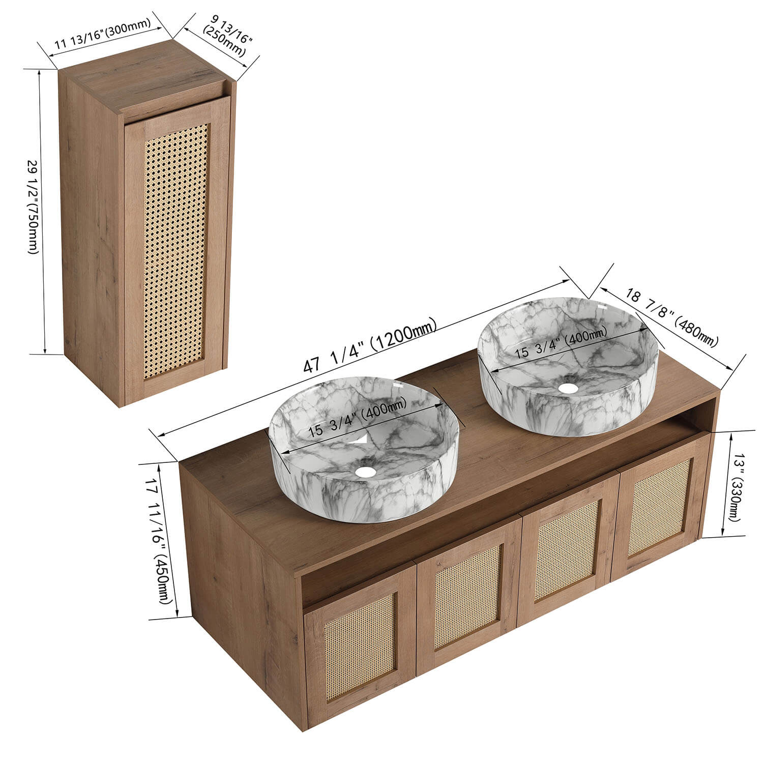 48" Bathroom Vanity with Marble-Veined Ceramic Sink and 12" Wall-Mounted Cabinet - Image 4