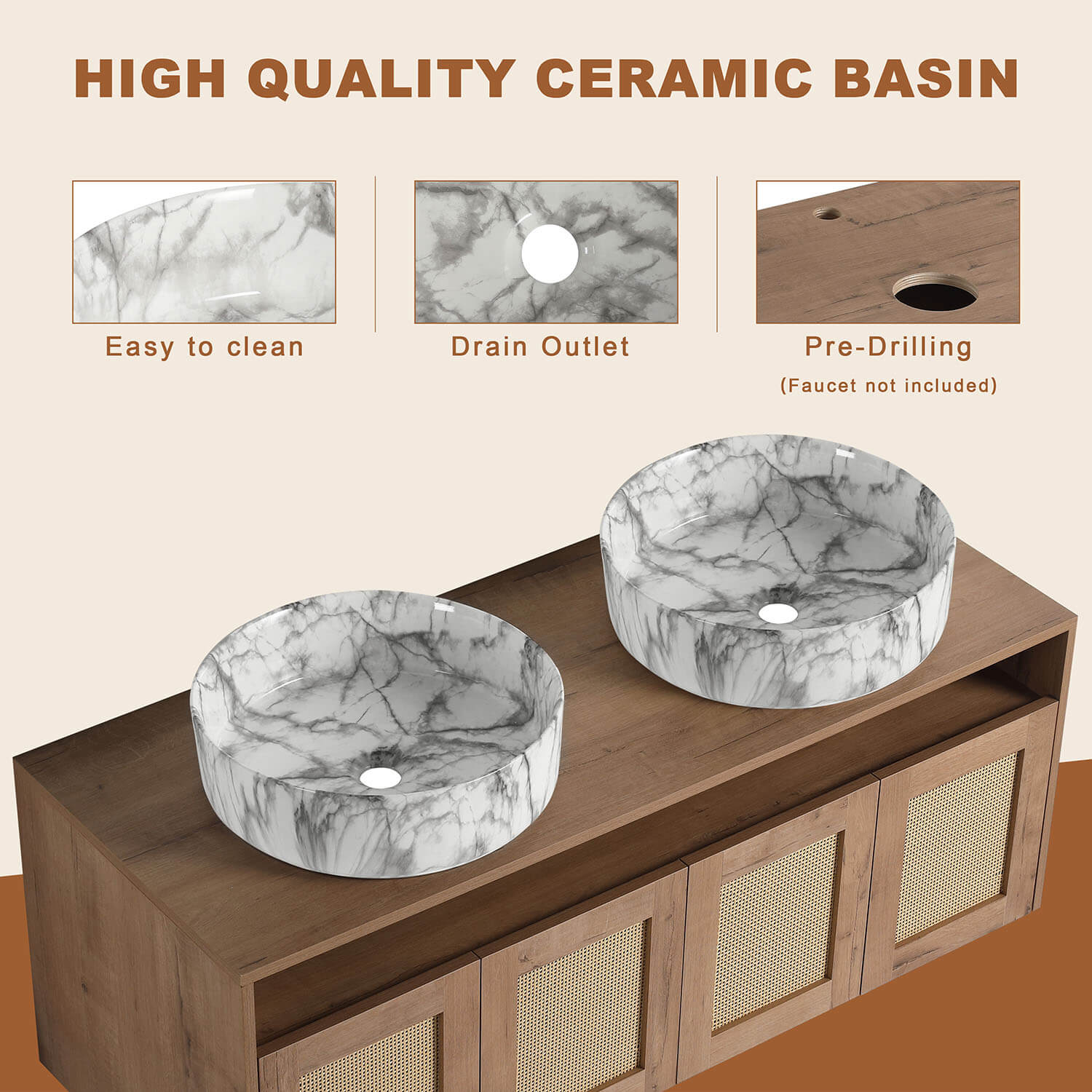 48" Bathroom Vanity with Marble-Veined Ceramic Sink and 12" Wall-Mounted Cabinet - Image 6