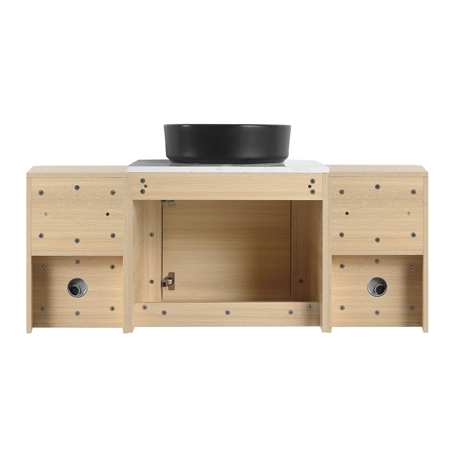 48" White Oak Bathroom Vanity with Black Ceramic Vessel Sink and Two Open Shelves - Image 5