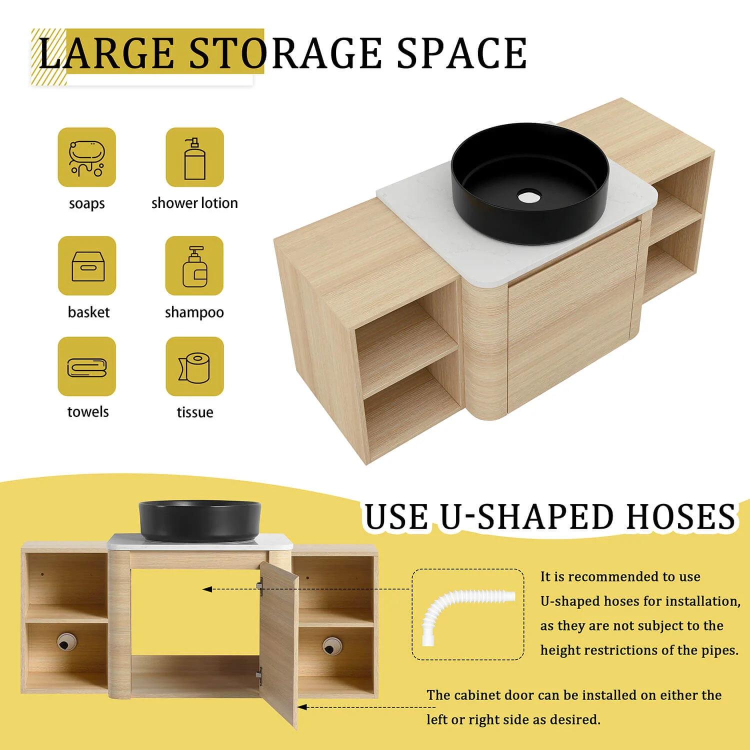 48" White Oak Bathroom Vanity with Black Ceramic Vessel Sink and Two Open Shelves - Image 8
