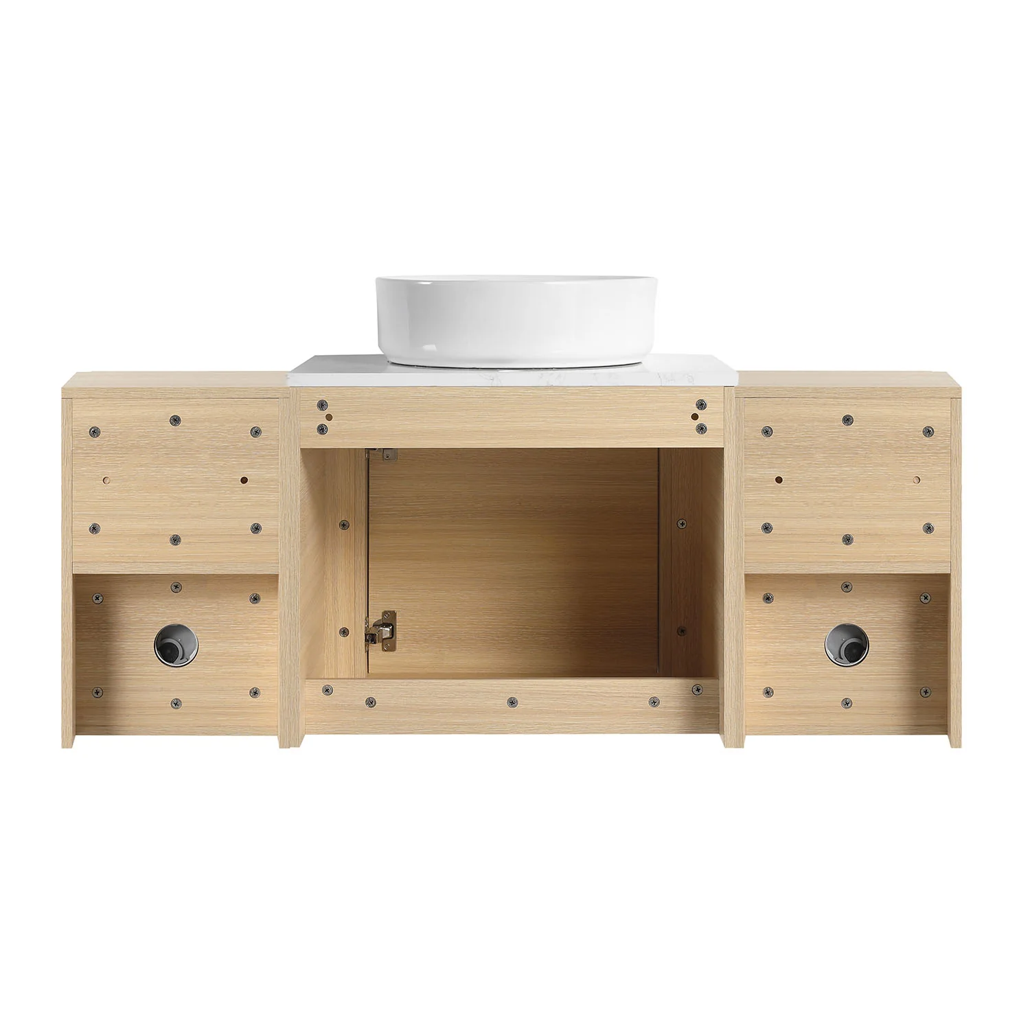 48" White Oak Bathroom Vanity with White Ceramic Vessel Sink and Two Open Shelves - Image 5