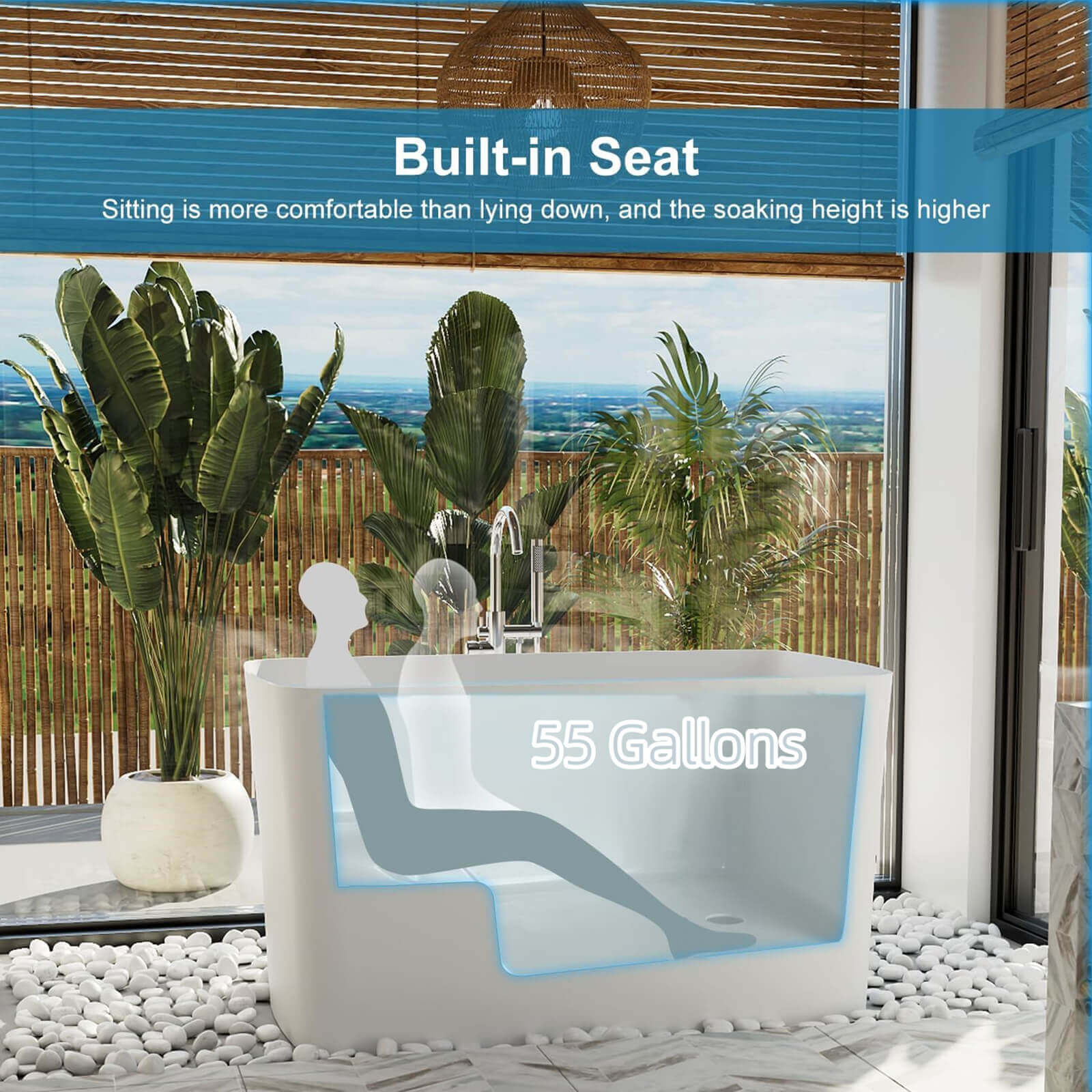 49" Freestanding Acrylic Japanese Soaking Bathtub with Integrated Seat - Image 7