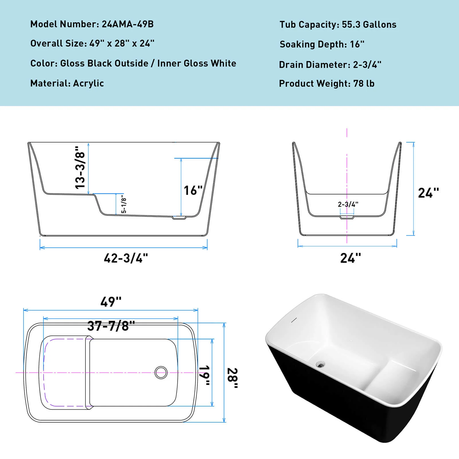 49" Small Size Sit-In Soaking Tub - Image 10