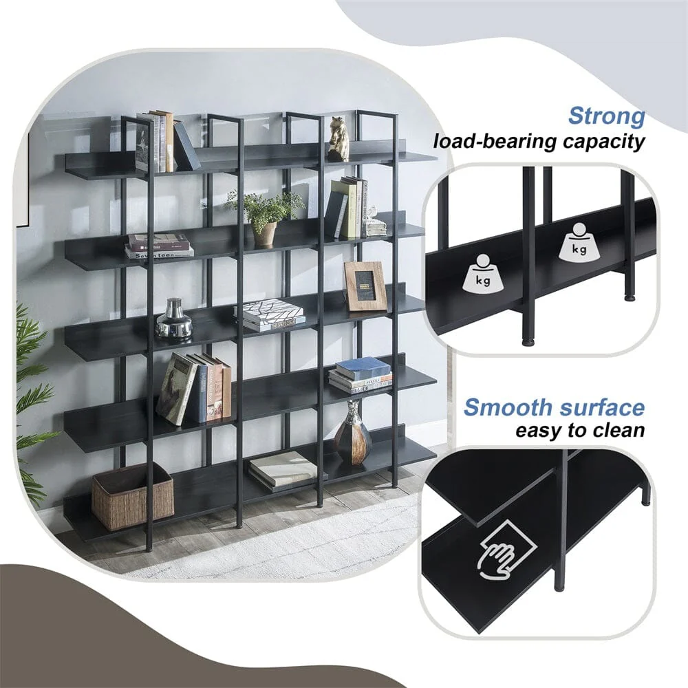 Giving Tree 5 Tier Bookcase Home Office Open Bookshelf, Vintage Industrial Style Shelf with Metal Frame, MDF Board - Image 3