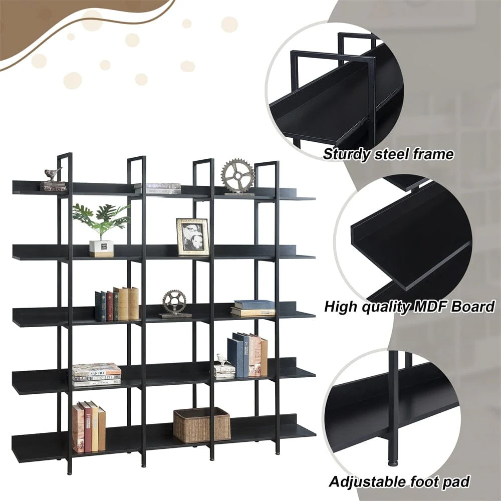 Giving Tree 5 Tier Bookcase Home Office Open Bookshelf, Vintage Industrial Style Shelf with Metal Frame, MDF Board - Image 4