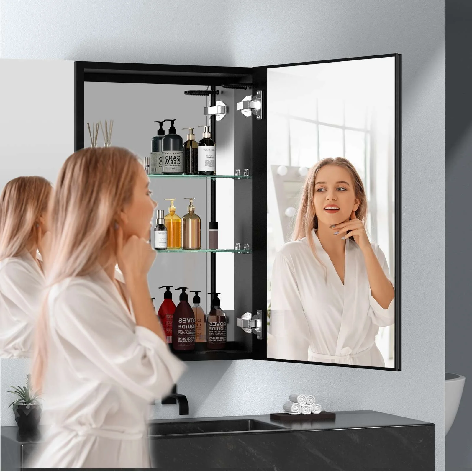 50"x30" Black Double Door LED Medicine Cabinet with Defogging Mirror and Dimmer - Image 13