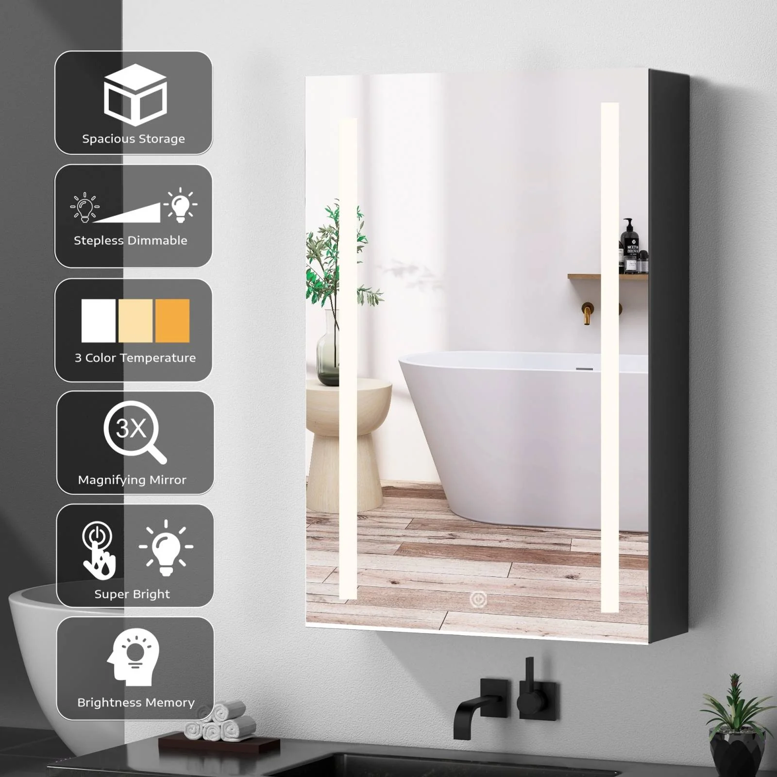 50"x30" Black Double Door LED Medicine Cabinet with Defogging Mirror and Dimmer - Image 3