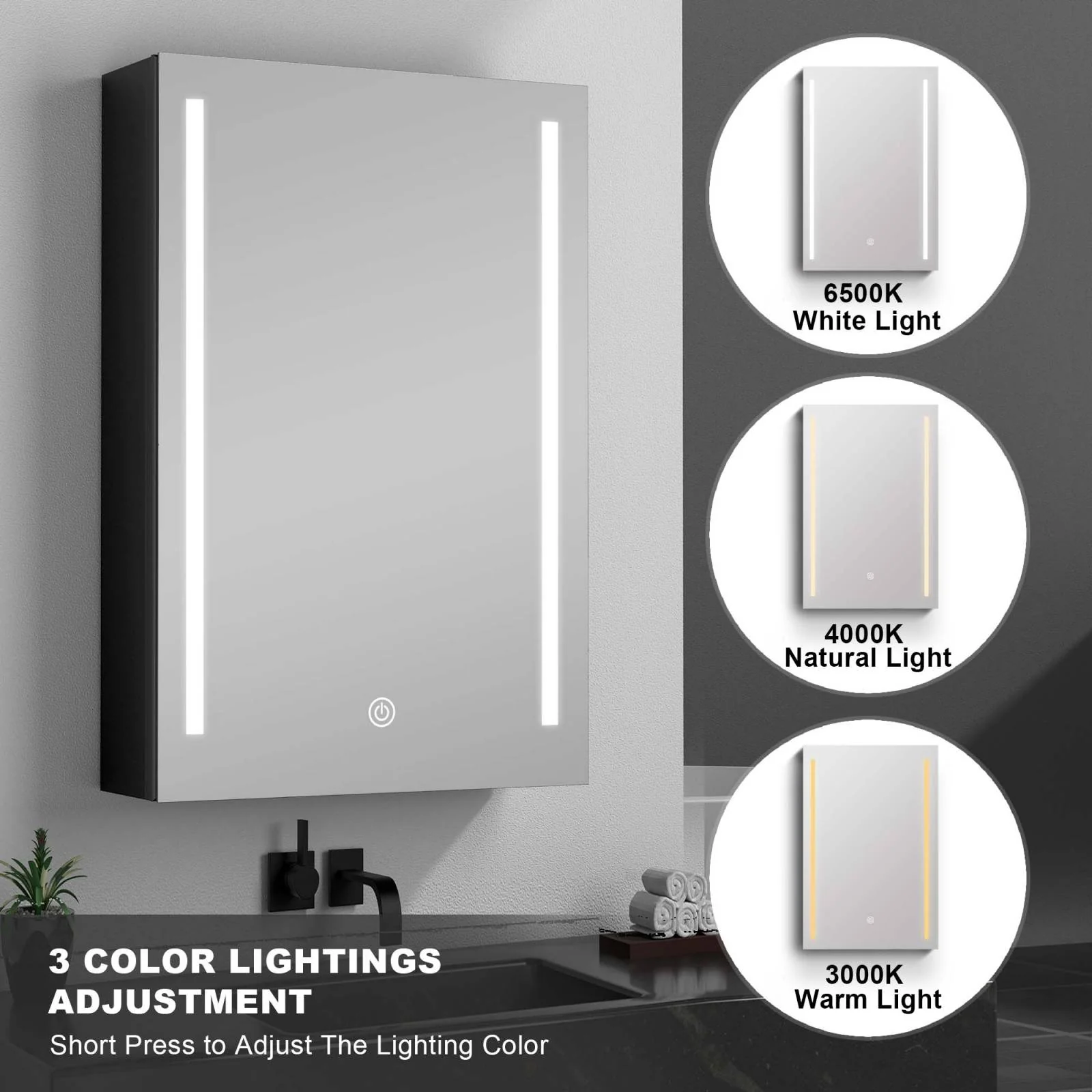 50"x30" Black Double Door LED Medicine Cabinet with Defogging Mirror and Dimmer - Image 8