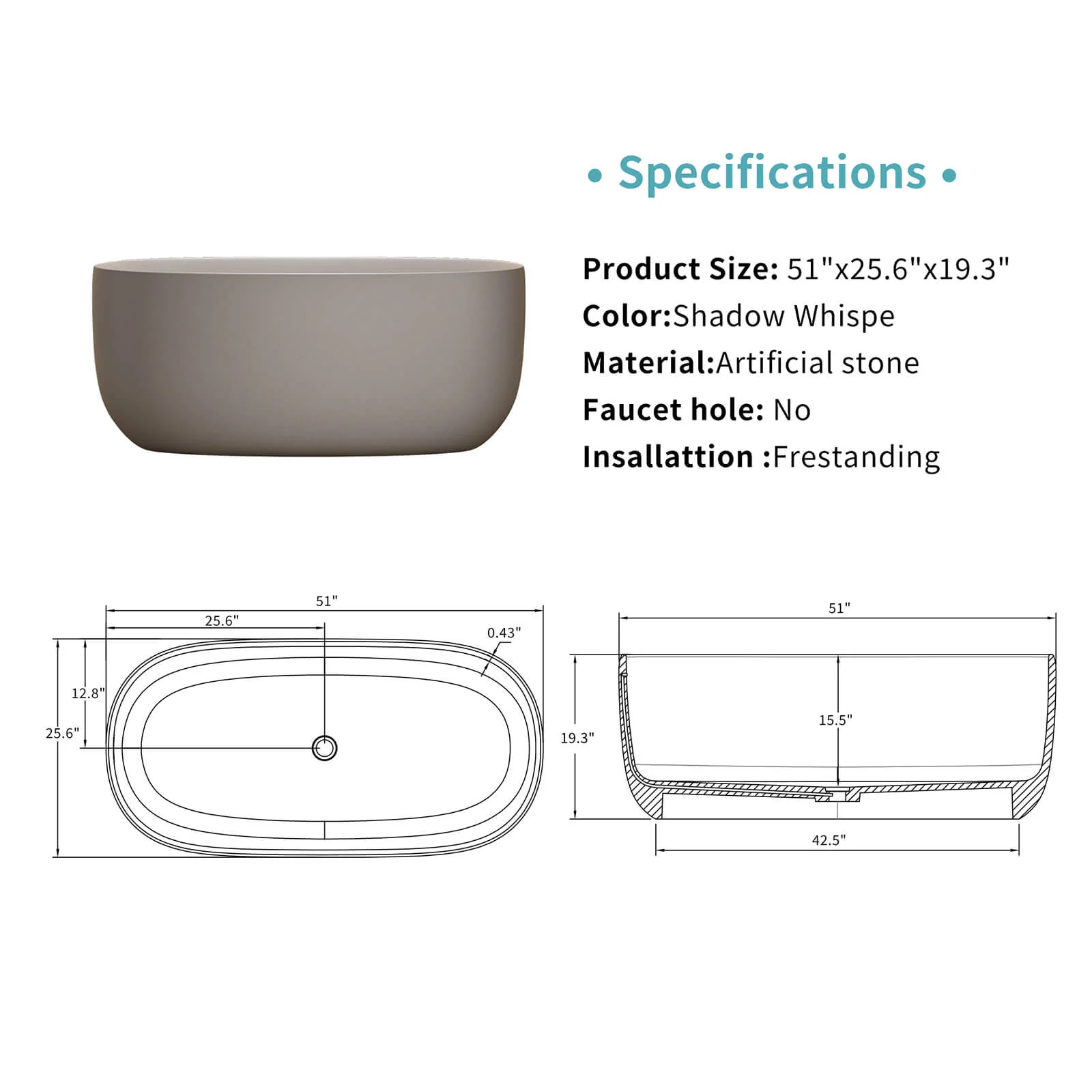 51" Beige Solid Surface Bathtub with Built-In Overflow and Center Drain - Image 6