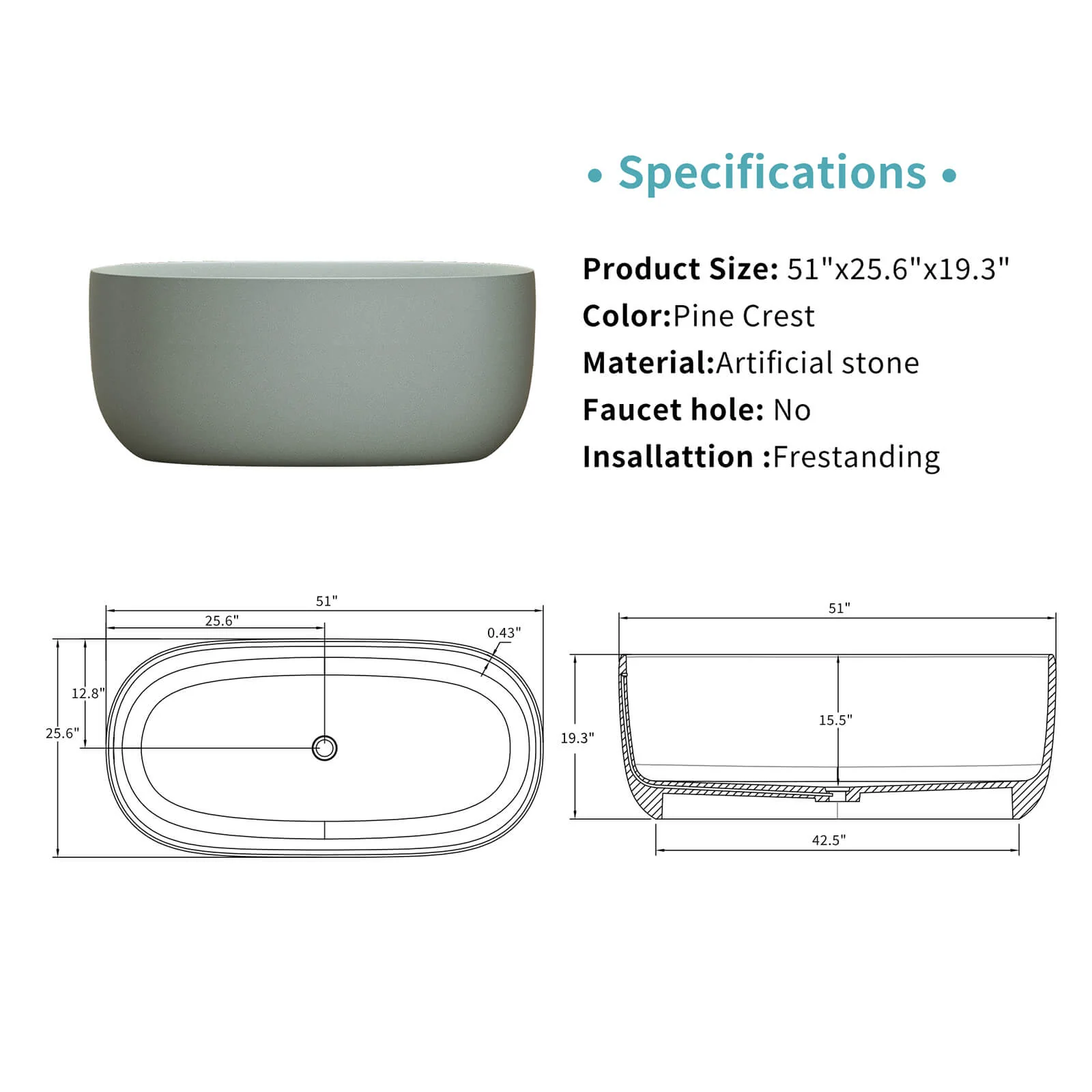 51" Turquoise Green Solid Surface Bathtub with Built-In Overflow and Center Drain - Image 6