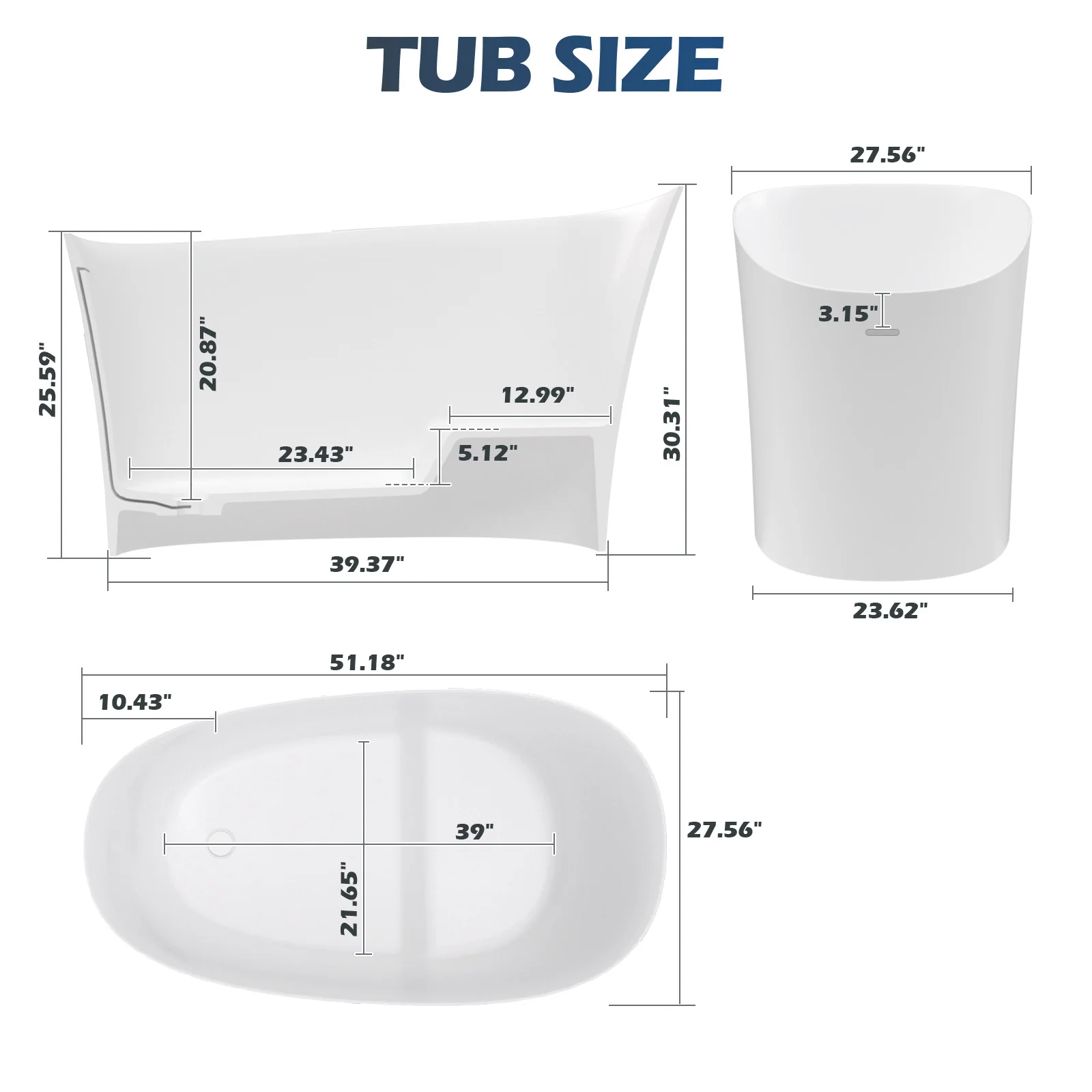 51" Single Slipper Freestanding Japanese Soaking Bathtub Solid Surface Stone Resin Tub with Built-in Seat - Image 11