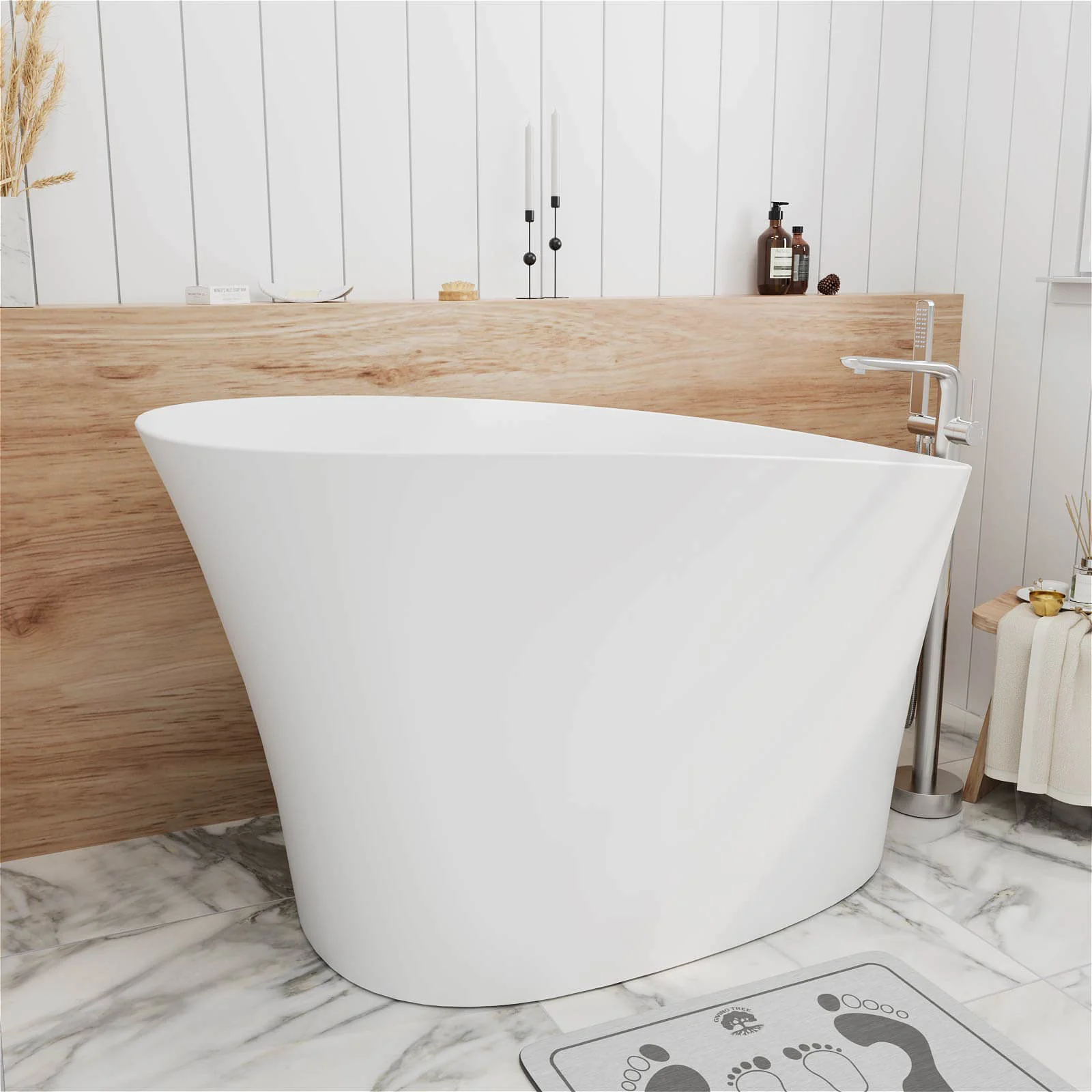 51" Single Slipper Freestanding Japanese Soaking Bathtub Solid Surface Stone Resin Tub with Built-in Seat - Image 3