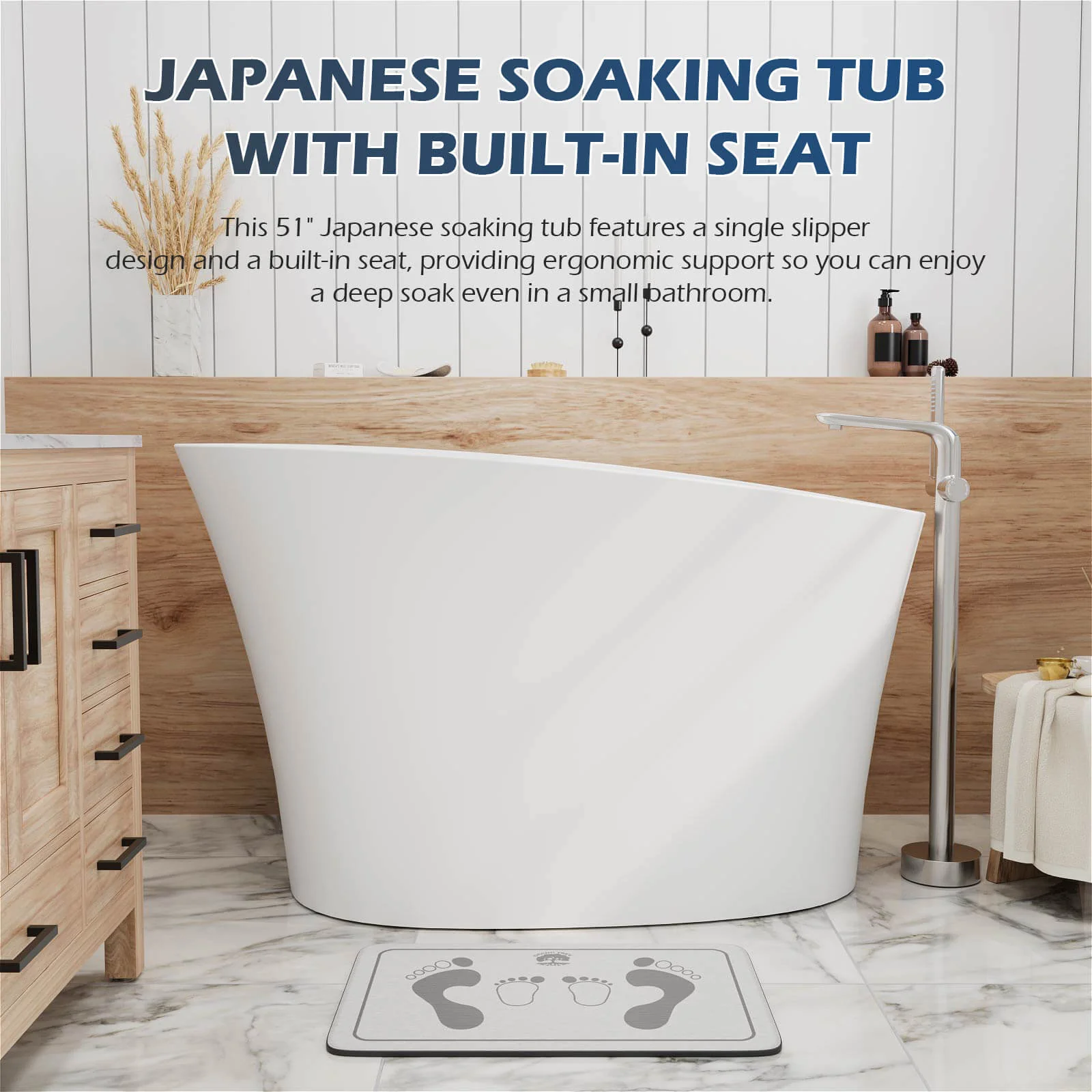 51" Single Slipper Freestanding Japanese Soaking Bathtub Solid Surface Stone Resin Tub with Built-in Seat - Image 7