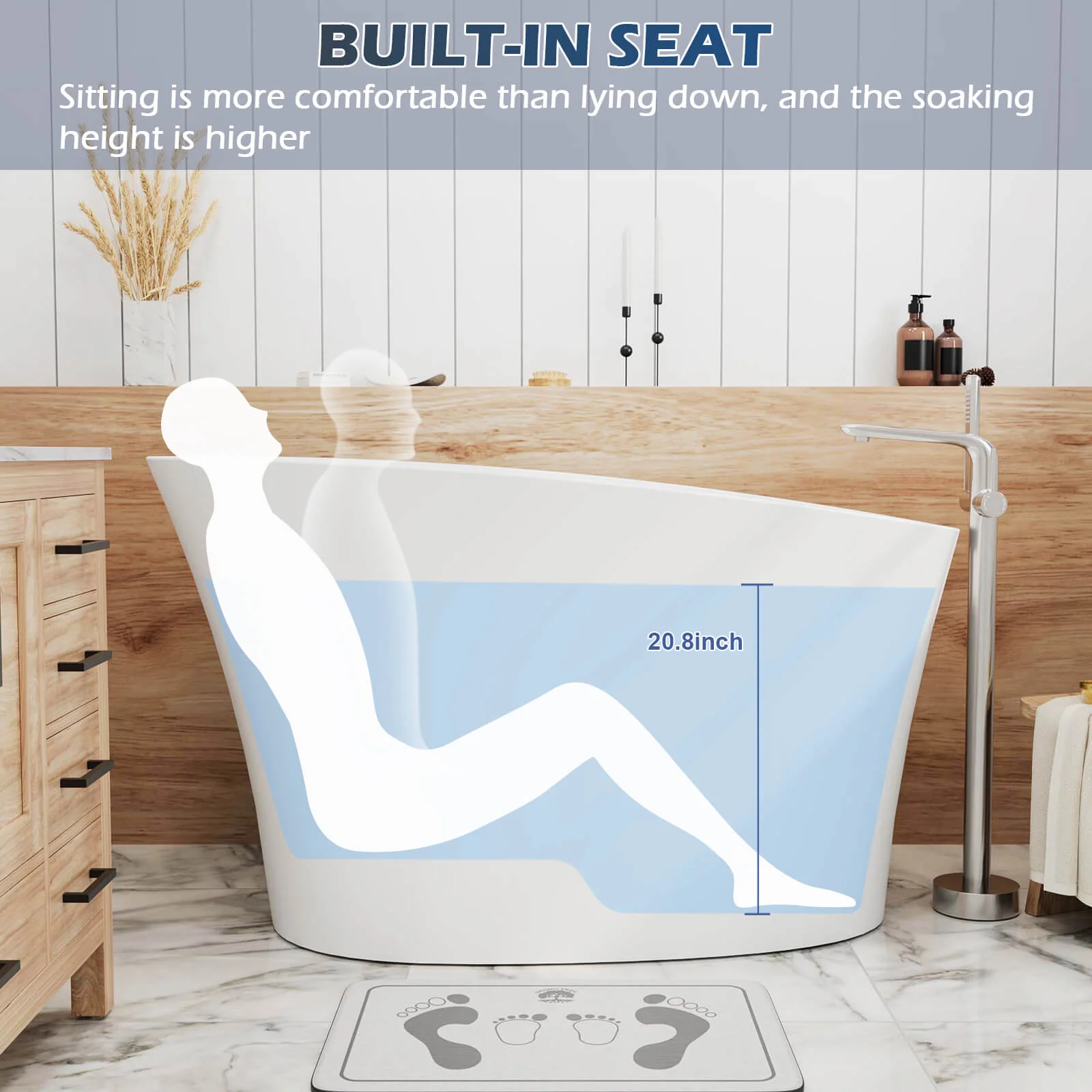 51" Single Slipper Freestanding Japanese Soaking Bathtub Solid Surface Stone Resin Tub with Built-in Seat - Image 8