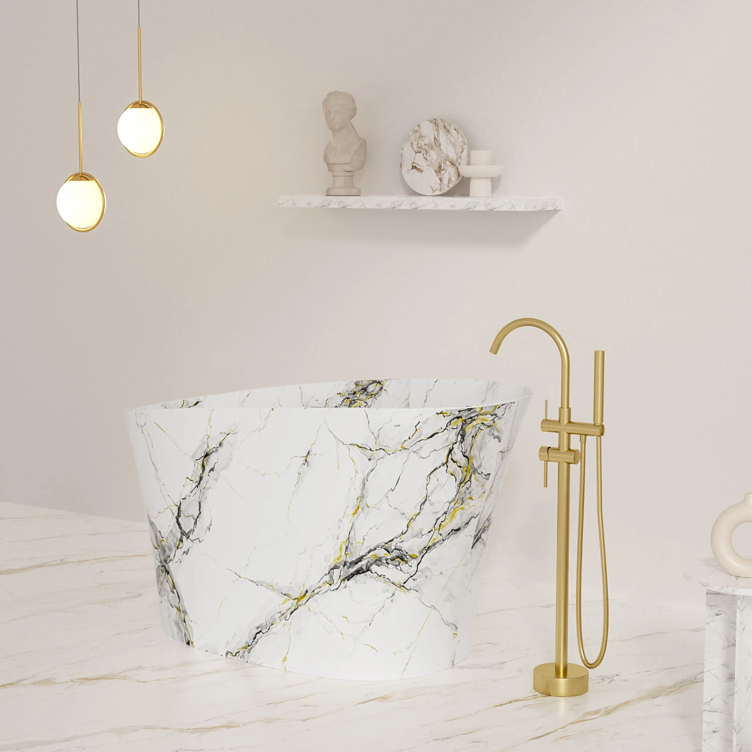 51" Solid Surface Built-in Seat Japanese Soaking Bathtub with Marble Pattern - Image 9