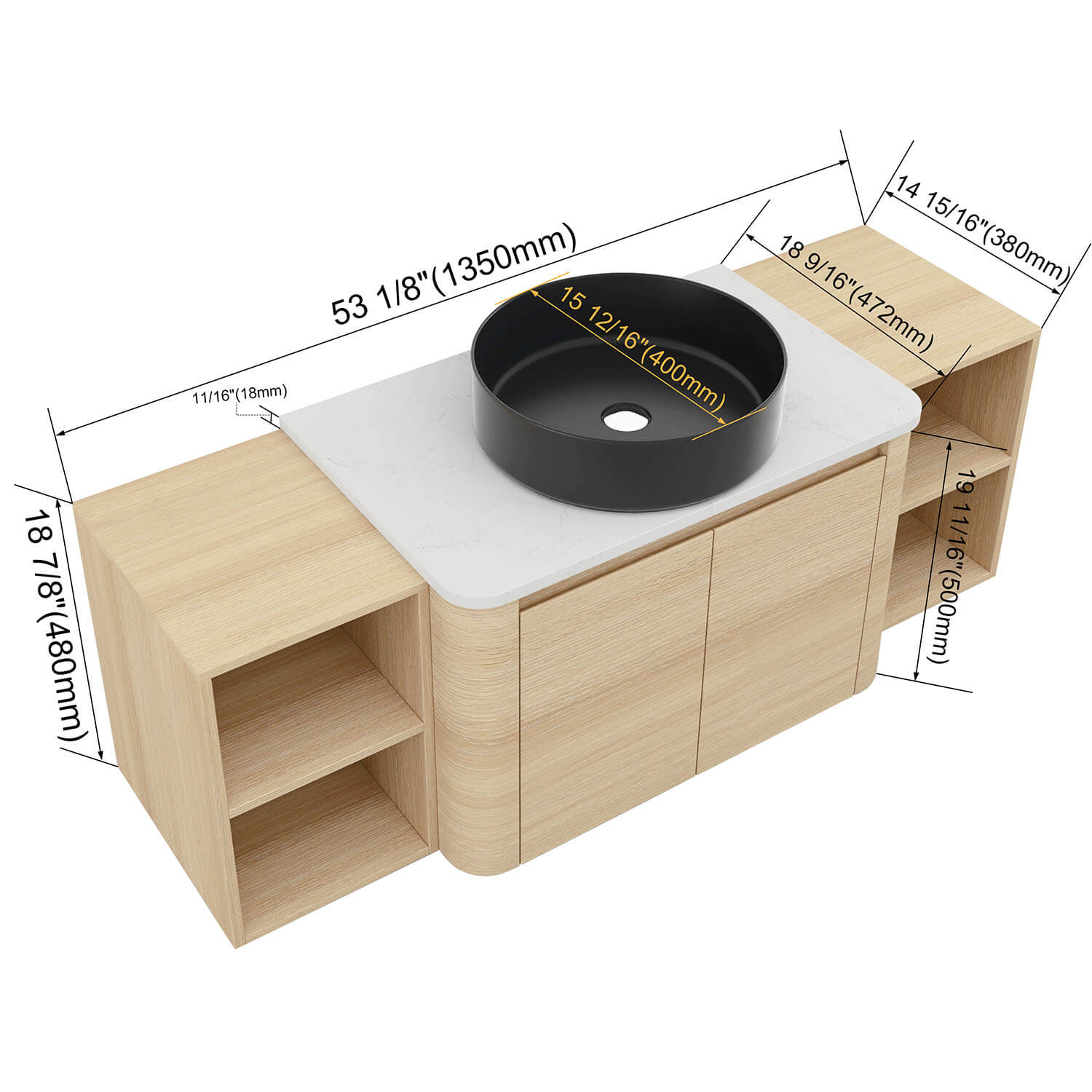 54" White Oak Bathroom Vanity with Black Ceramic Vessel Sink and Two Open Shelves - Image 4