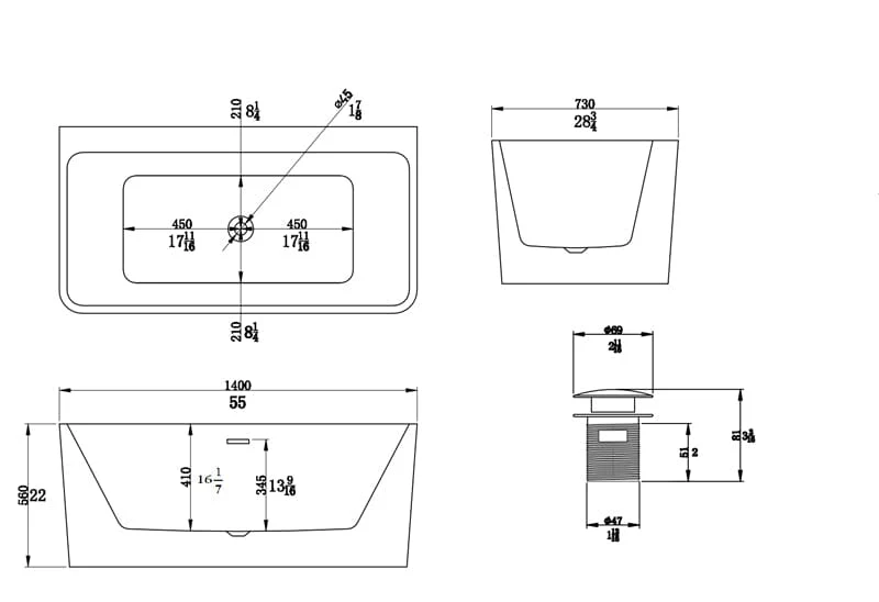 55'' Acrylic Rectangular Freestanding Soaking Bathtub - Image 9