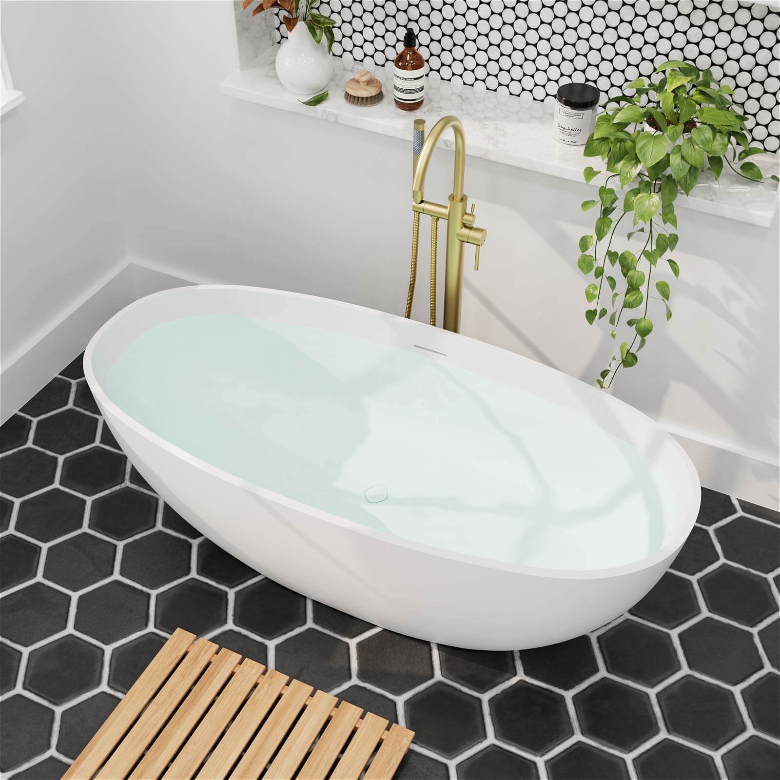 55" Stone Resin Freestanding Small Bathtub, Oval Soaking Tub with Pop-up Drain and Overflow - Image 4