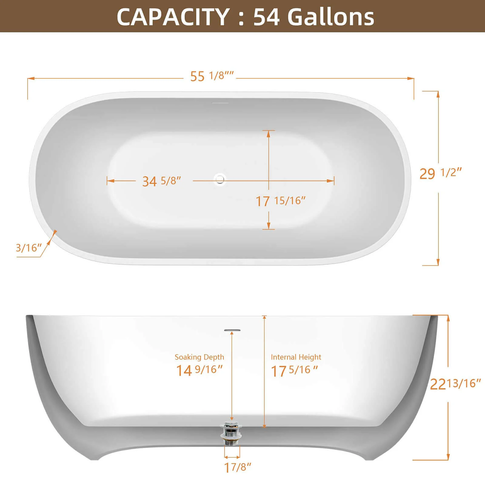 55" Matte White Oval Bathtub with Freestanding and Center Overflow Design - Image 10