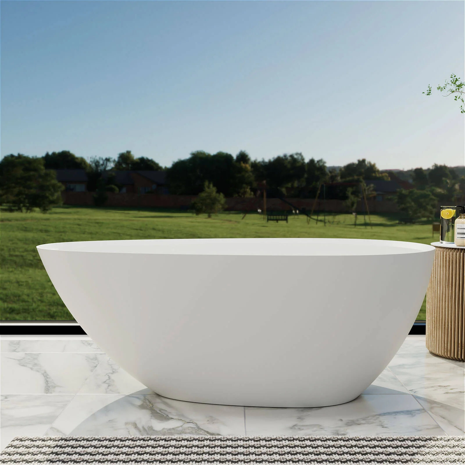 55" Small Egg-Shaped Freestanding Soaking Tub, Stone Resin Material, Sleek Design