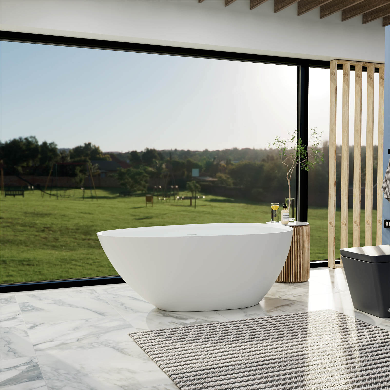 55" Small Egg-Shaped Freestanding Soaking Tub, Stone Resin Material, Sleek Design - Image 5