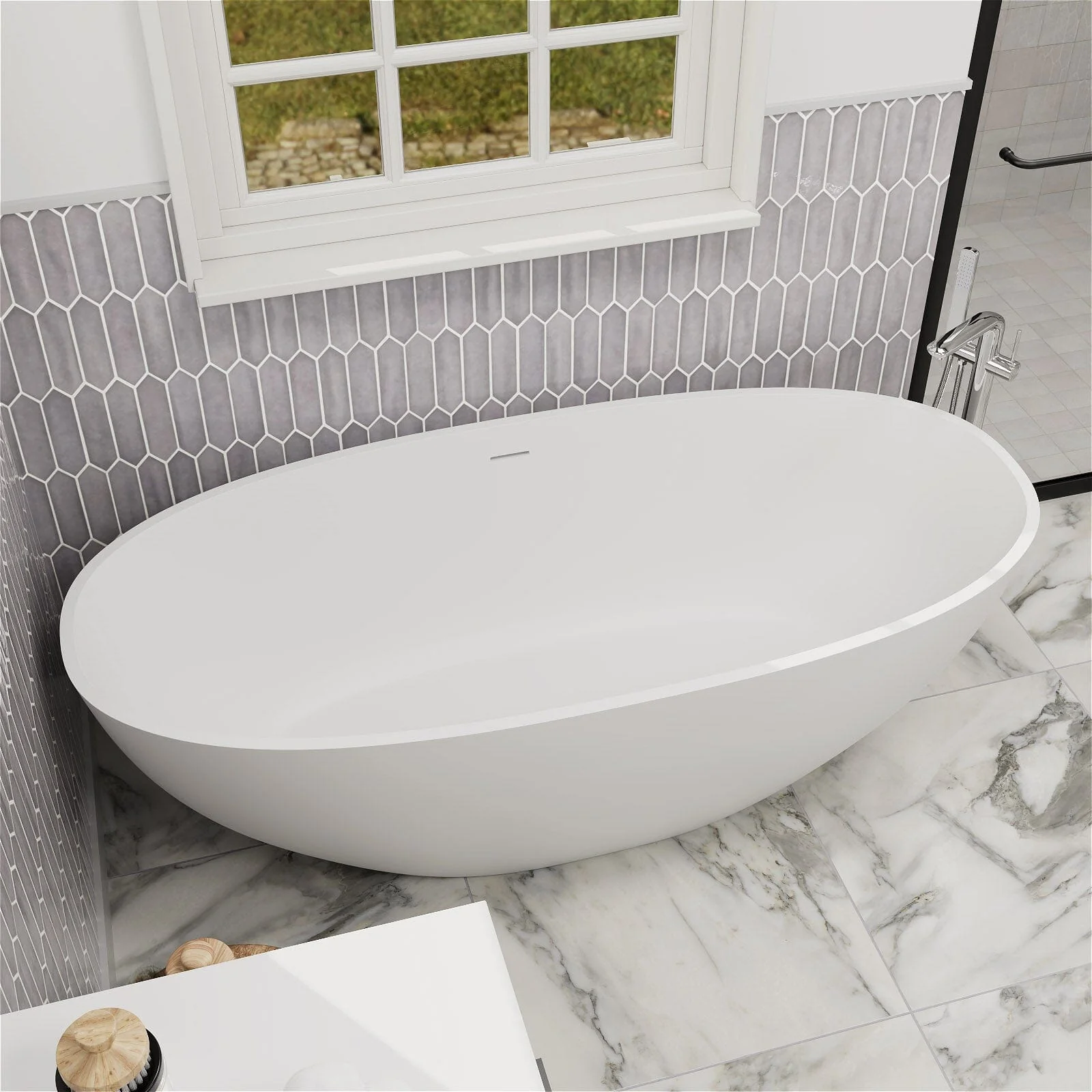 55" Solid Surface Stone Resin Oval-shaped Freestanding Soaking Bathtub with Overflow - Image 16