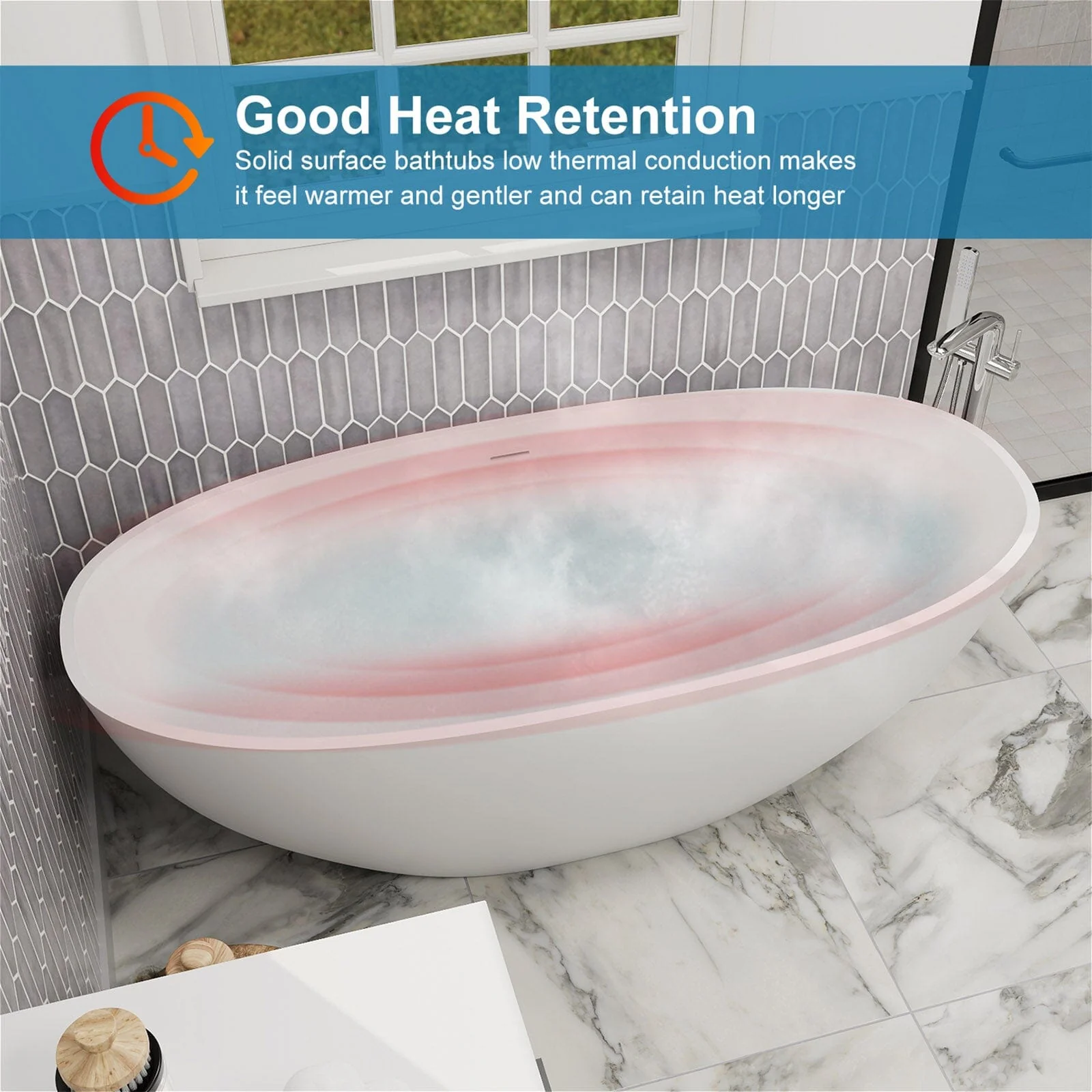 55" Solid Surface Stone Resin Oval-shaped Freestanding Soaking Bathtub with Overflow - Image 23