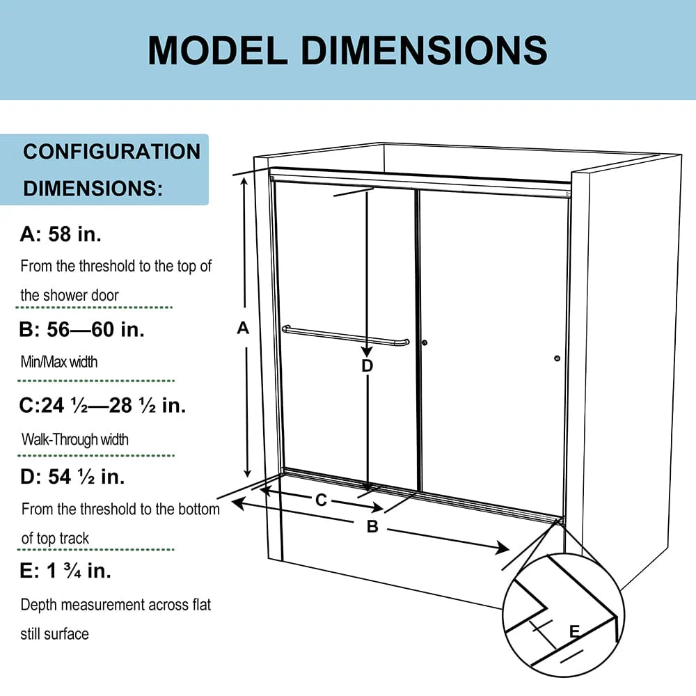 56-60"W x 58"H Shower Door Traditional Two-way Sliding with Handle - Image 9