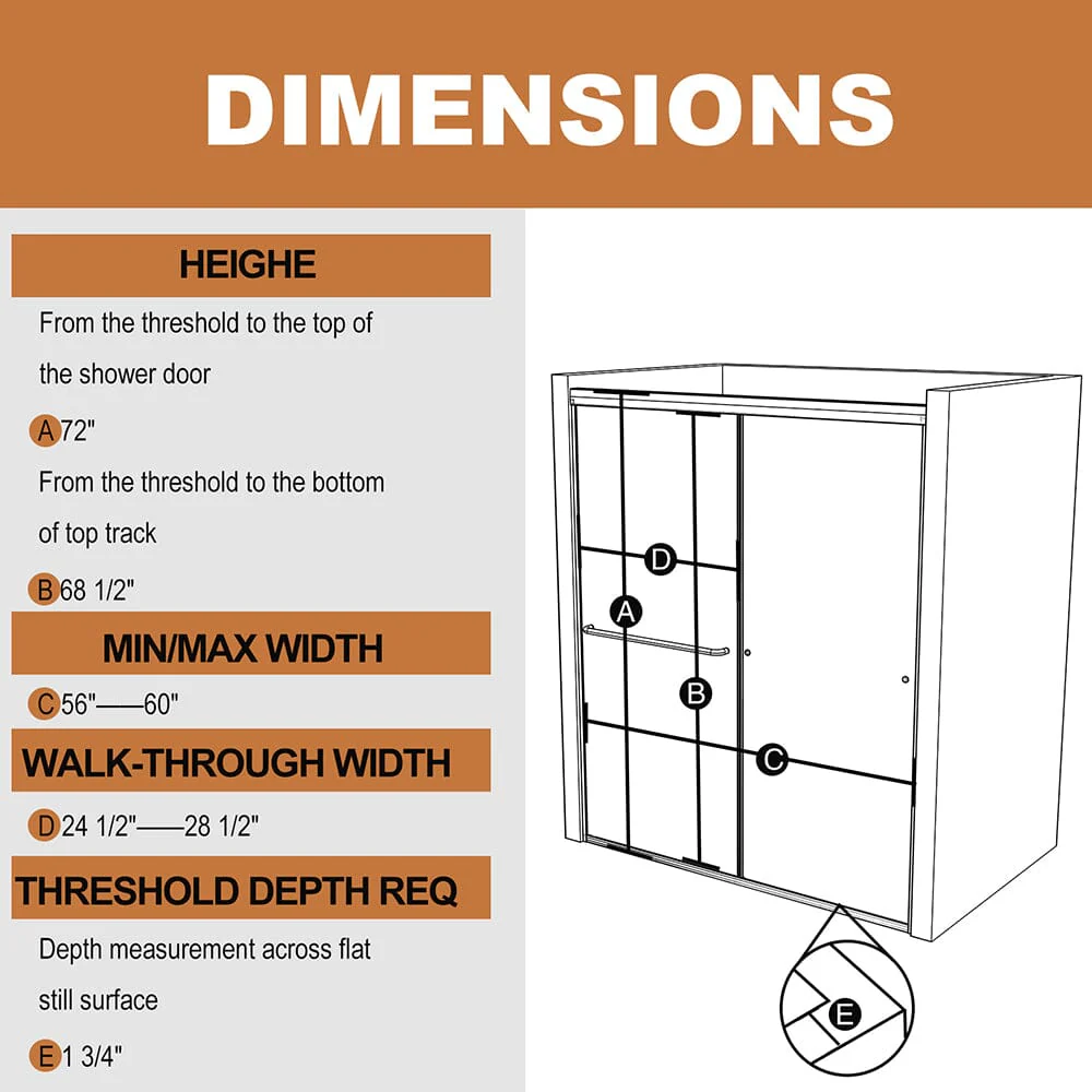56-60"W x 72"H Shower Door Traditional Two-way Sliding with Handle - Image 18