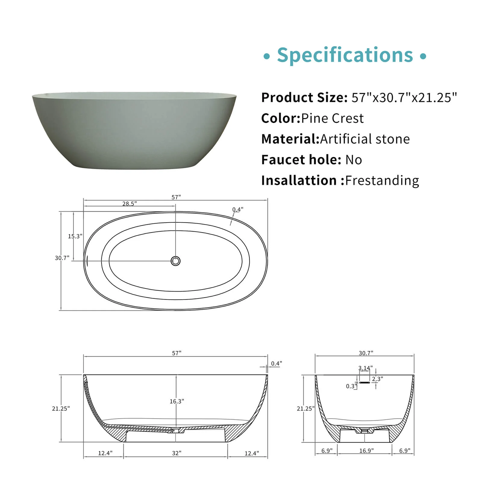 57" Turquoise Green Freestanding Bathtub – Durable & Easy to Clean - Image 6