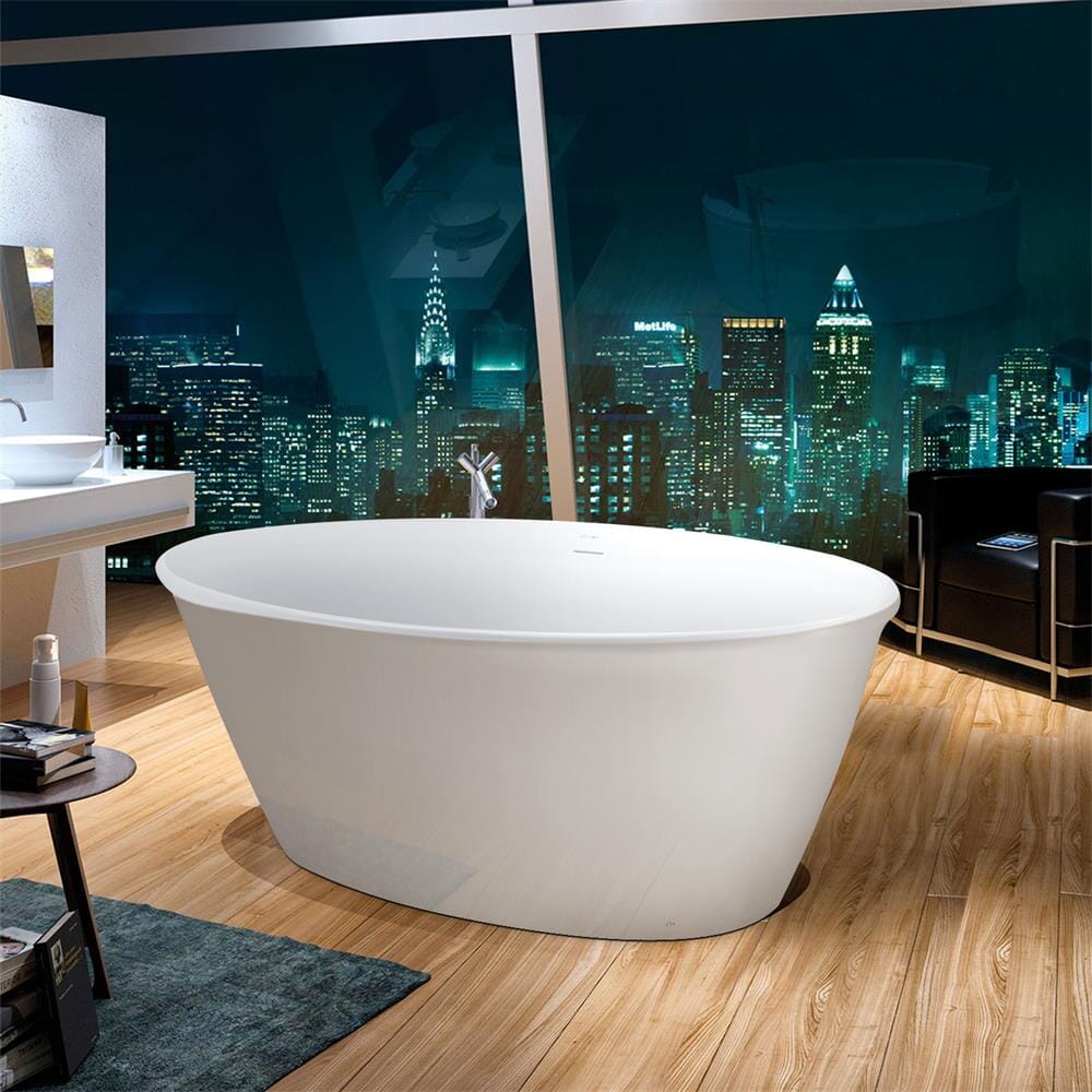 59'' Acrylic Flatbottom Double Slipper Oval Bathtub with Polished Chrome Drain Freestanding Soaking Tub in Glossy White - Image 2