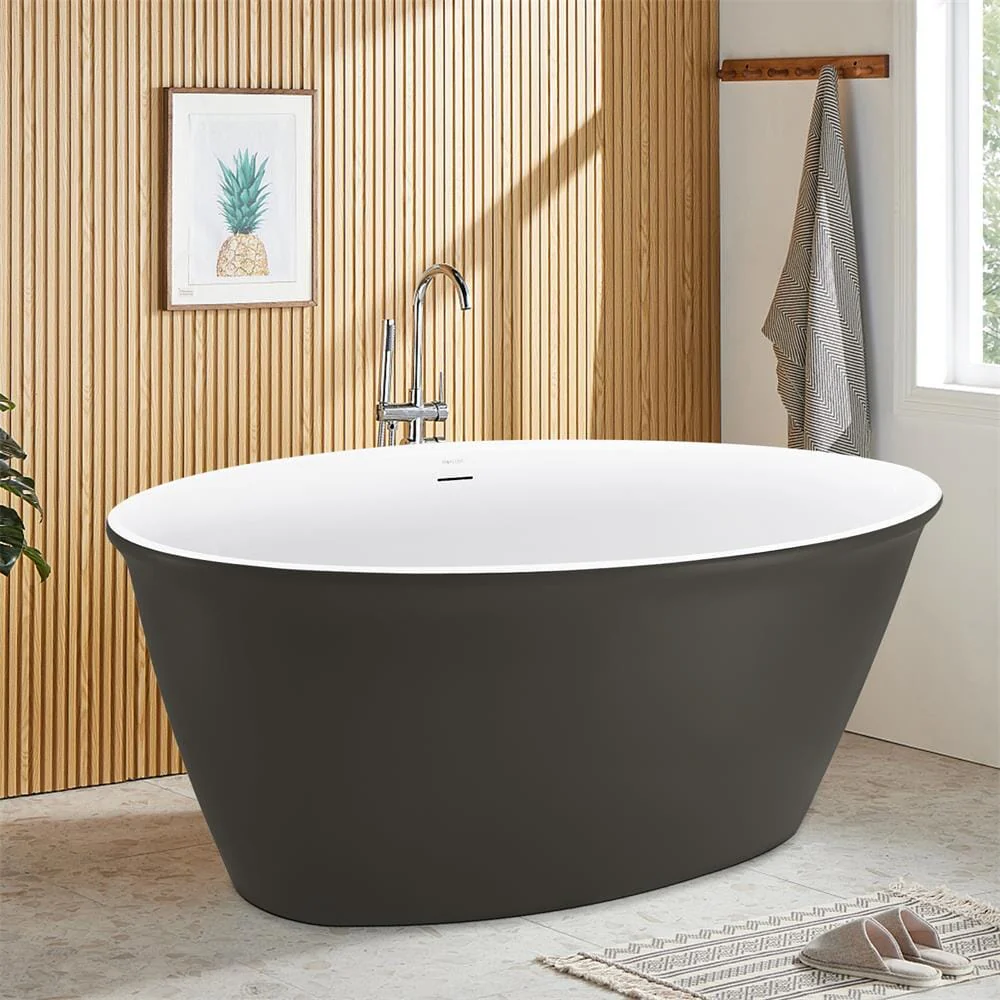 59'' Acrylic Flatbottom Double Slipper Oval Bathtub with Polished Chrome Drain Freestanding Soaking Tub in Gray - Image 2