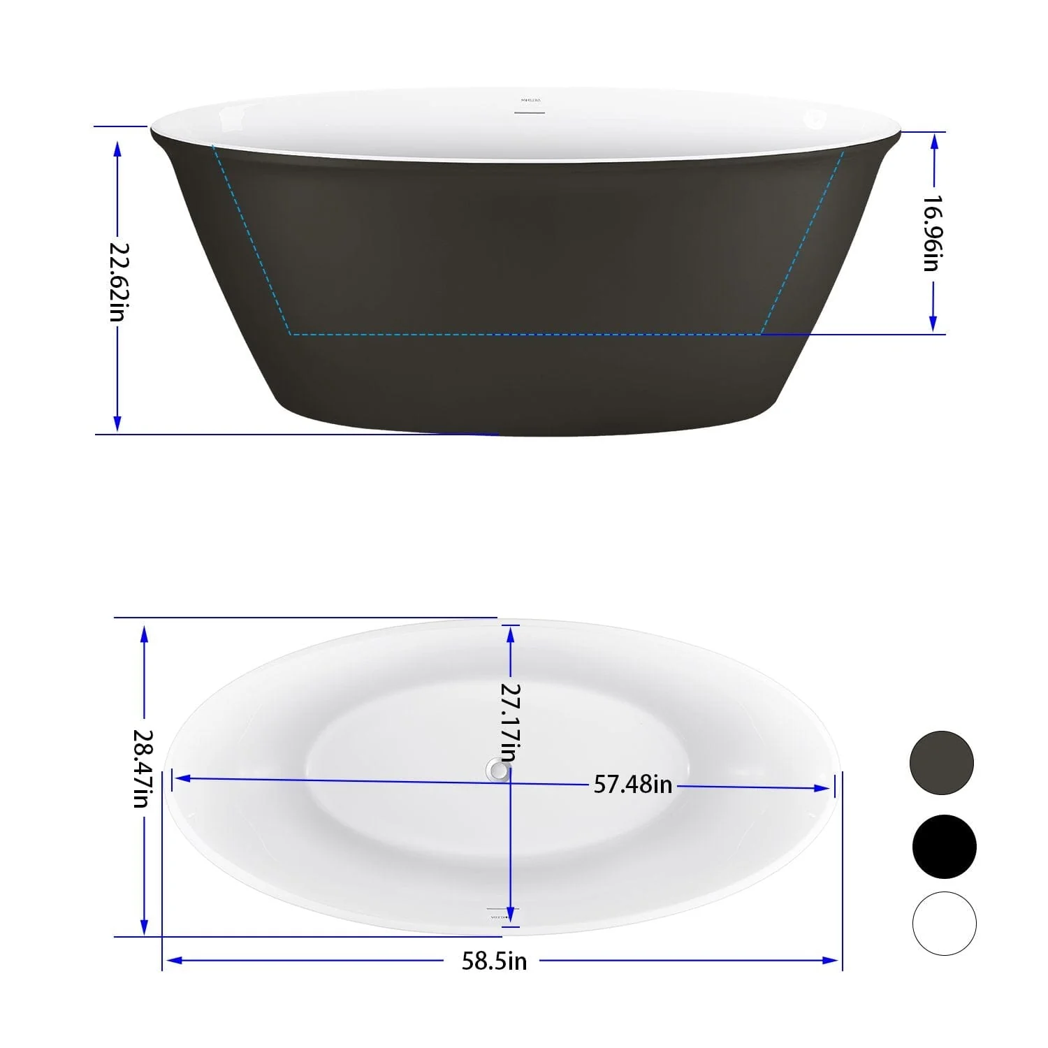 59'' Acrylic Flatbottom Double Slipper Oval Bathtub with Polished Chrome Drain Freestanding Soaking Tub in Gray - Image 8