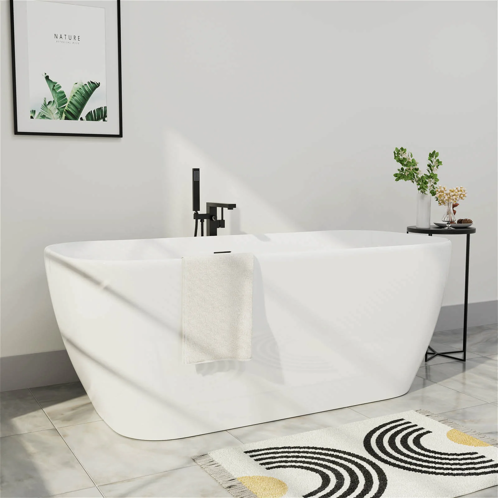 Mokleba 59" Acrylic Flatbottom Modern Freestanding Soaking Bathtub in Glossy White - Image 2