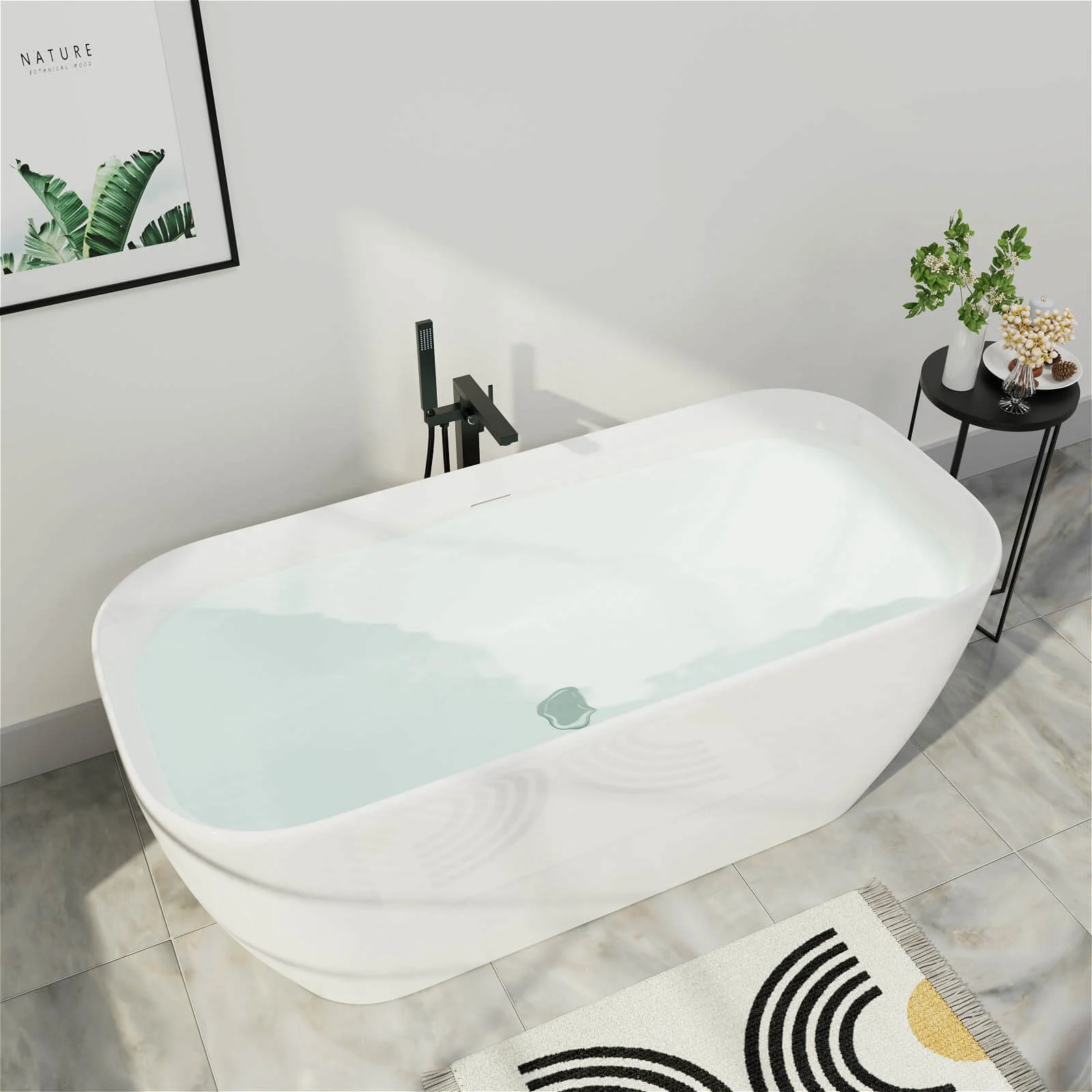 Mokleba 59" Acrylic Flatbottom Modern Freestanding Soaking Bathtub in Glossy White - Image 3