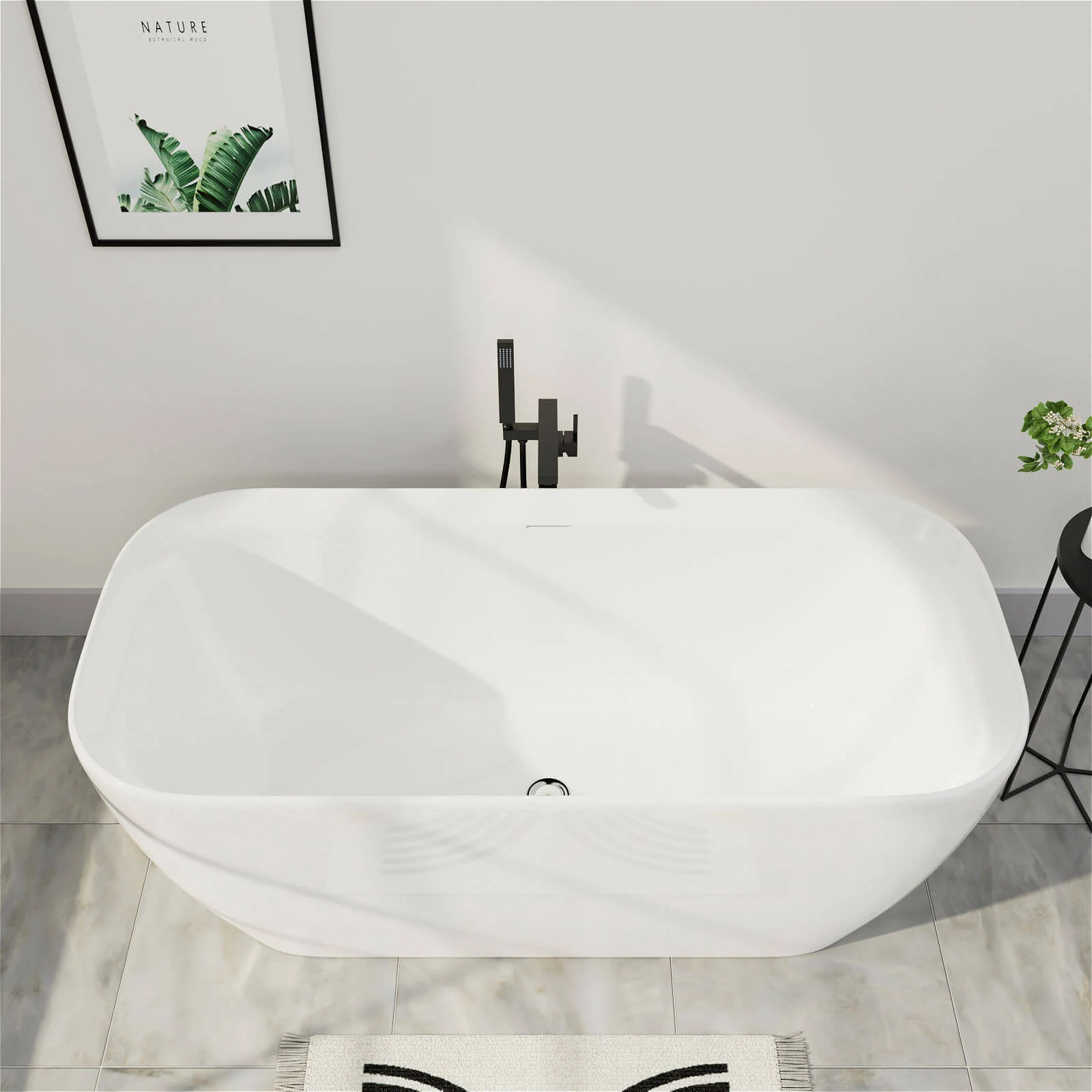 Mokleba 59" Acrylic Flatbottom Modern Freestanding Soaking Bathtub in Glossy White - Image 4